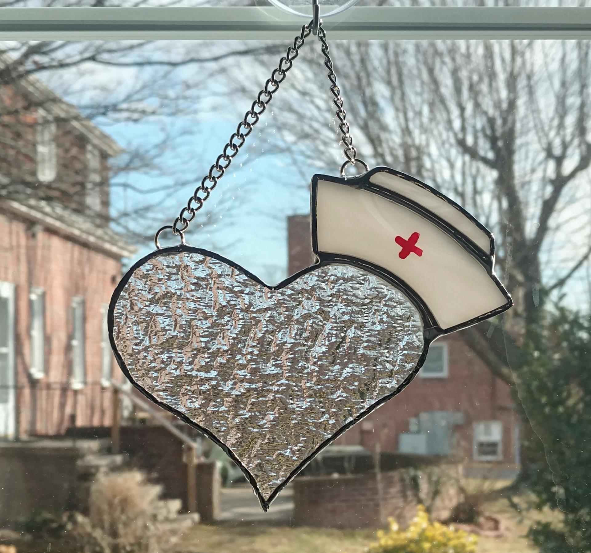 I Love Nurses Stained Glass Suncatcher, Heart with Nurse Cap