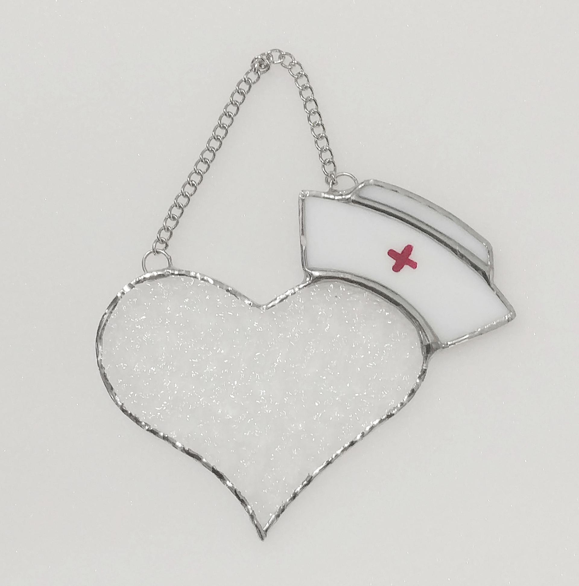 I Love Nurses Stained Glass Suncatcher, Heart with Nurse Cap