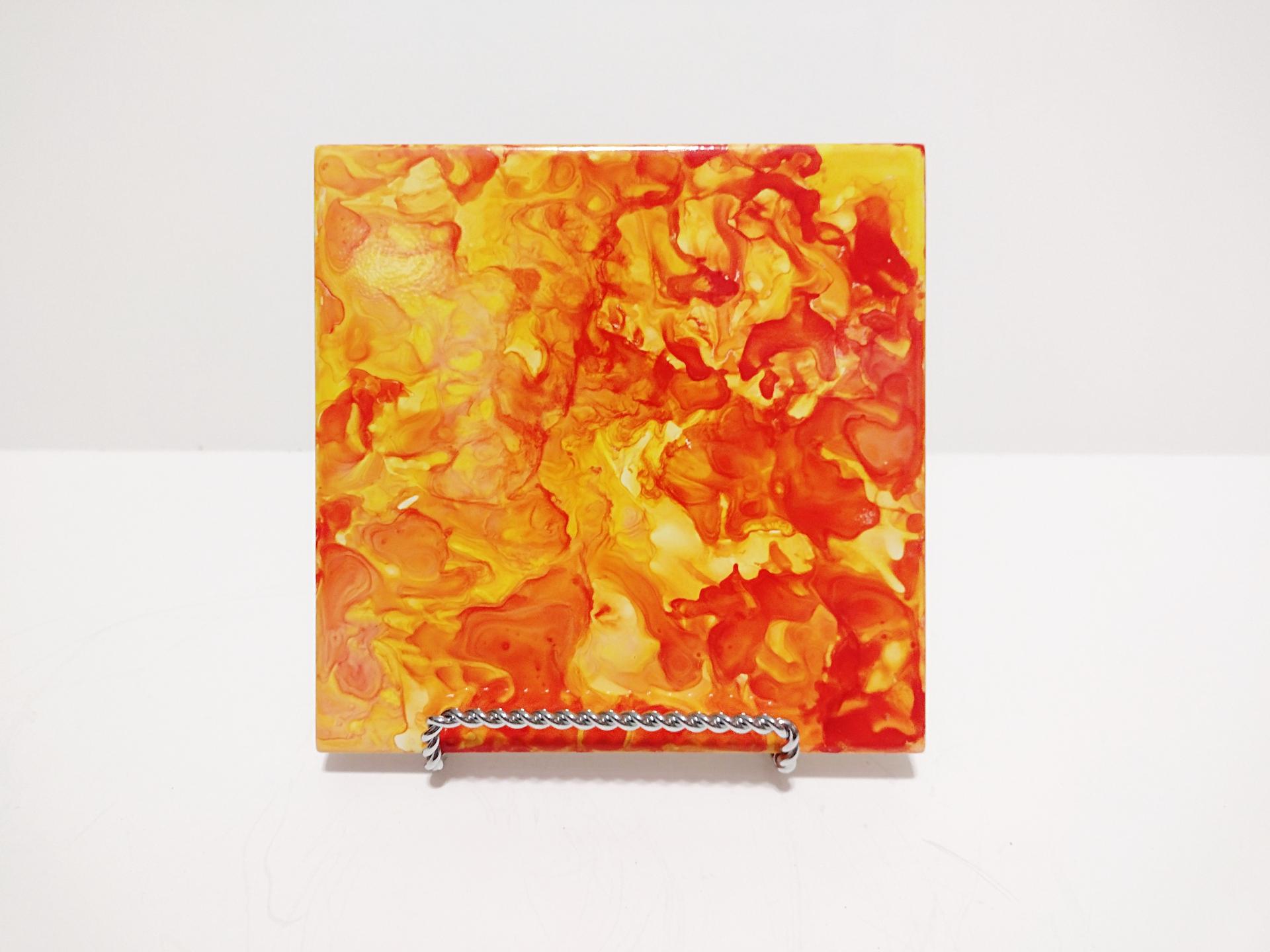 Alcohol Ink Ceramic Tile Trivet, 6" x 6", Orange and Yellow