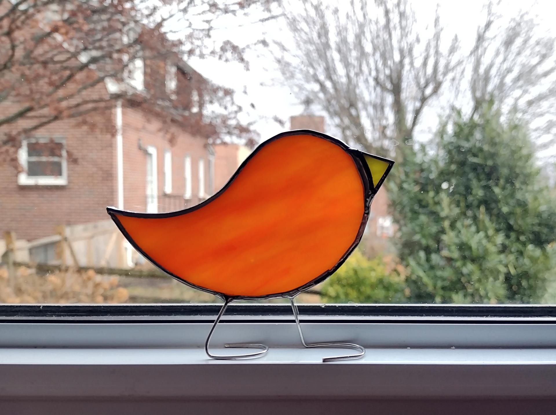 Stained Glass Standing Bird, Orange Swirled Opalescent Glass