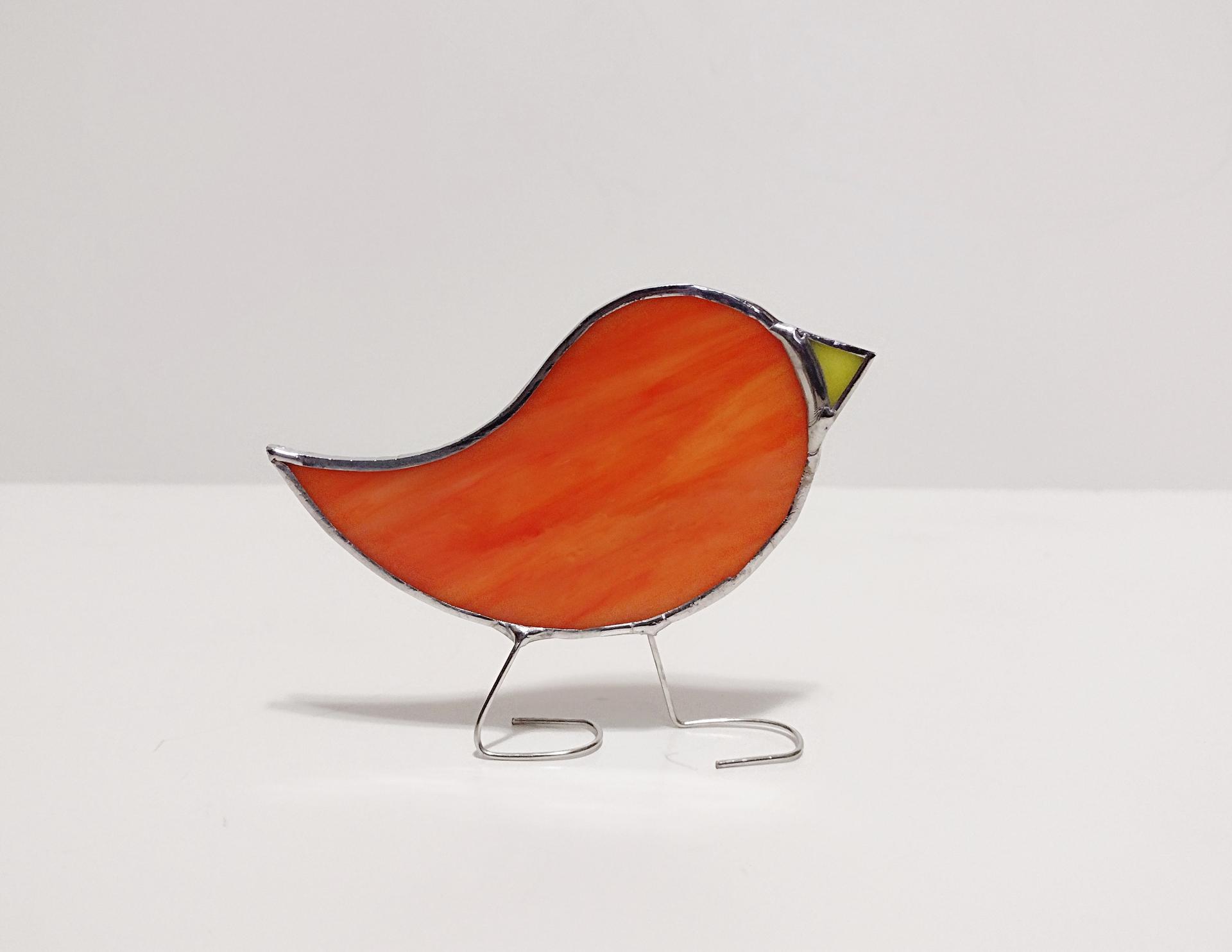 Stained Glass Standing Bird, Orange Swirled Opalescent Glass