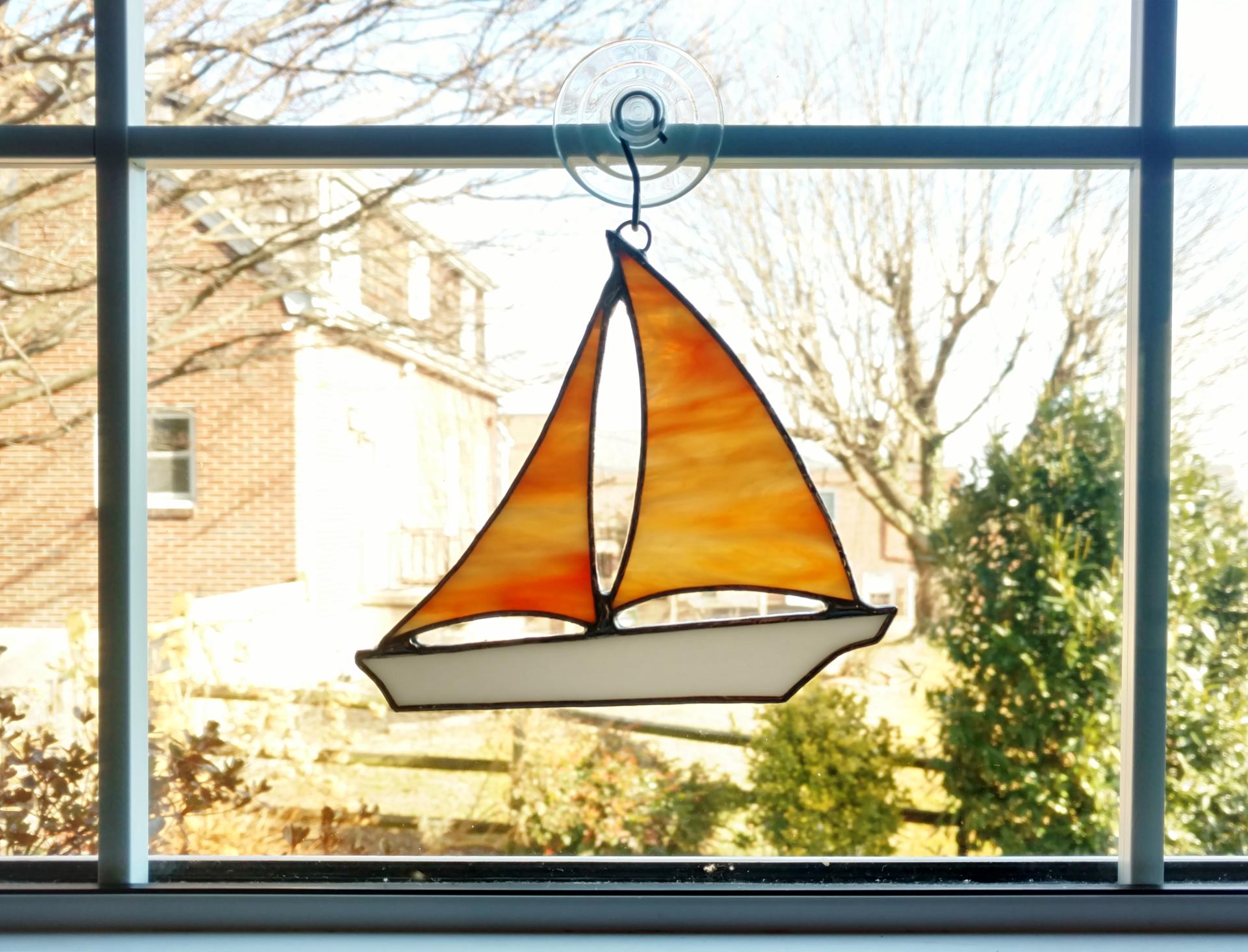 Stained Glass Sailboat Suncatcher, Orange Swirl