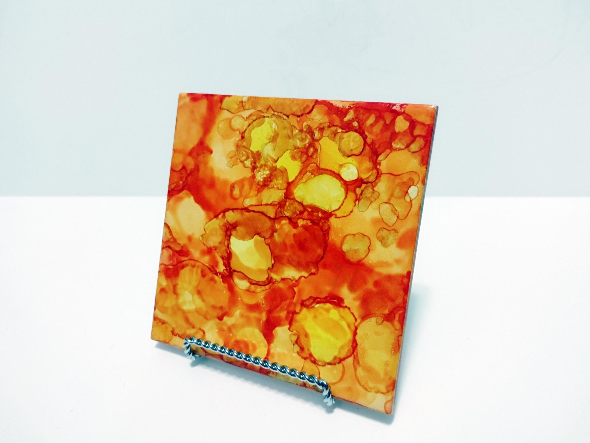 Alcohol Ink Ceramic Tile Trivet, 6" x 6", Orange and Yellow