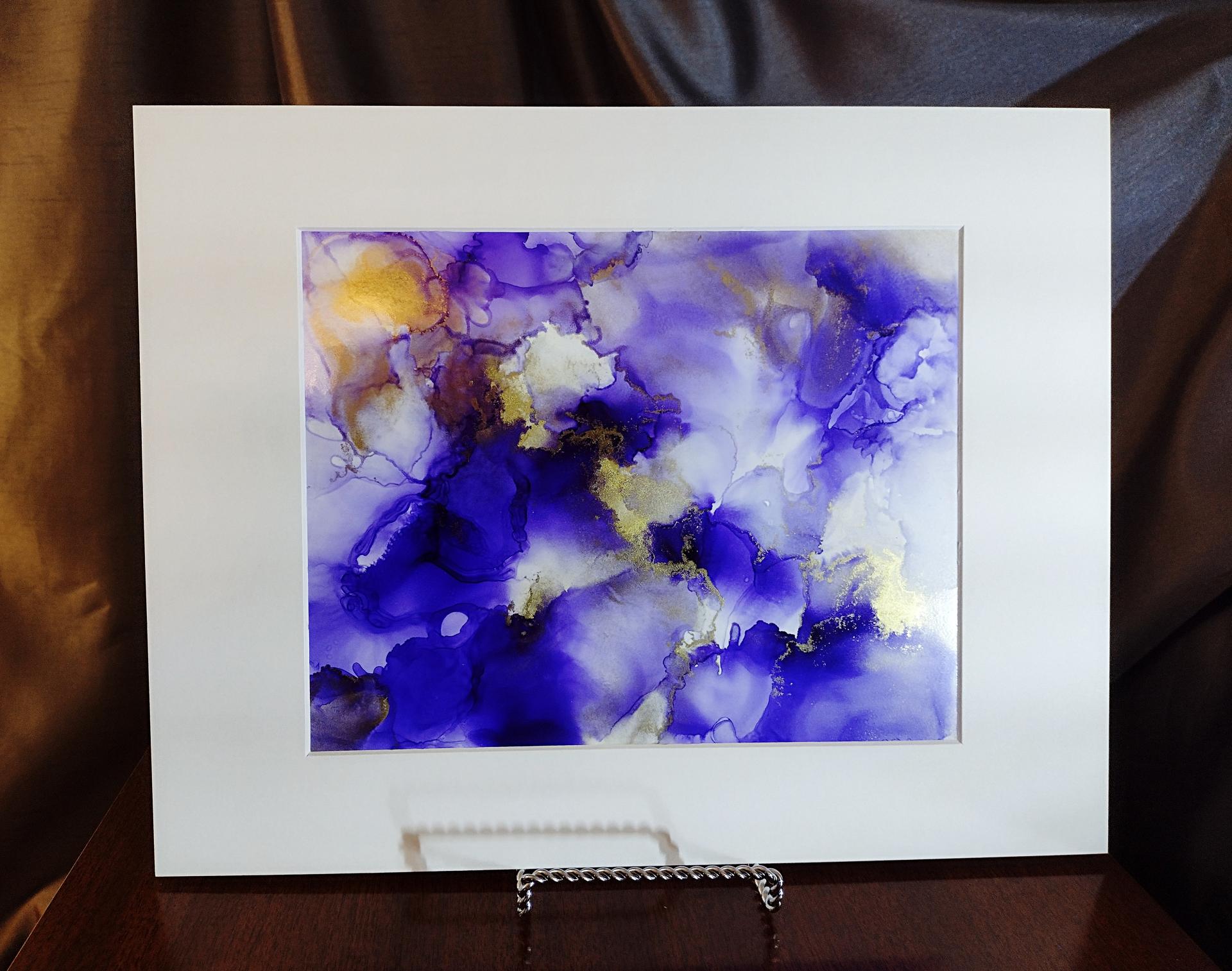 Alcohol Ink Painting, 8 x 10 Matted to 11 x 14, Purple and Gold Abstract