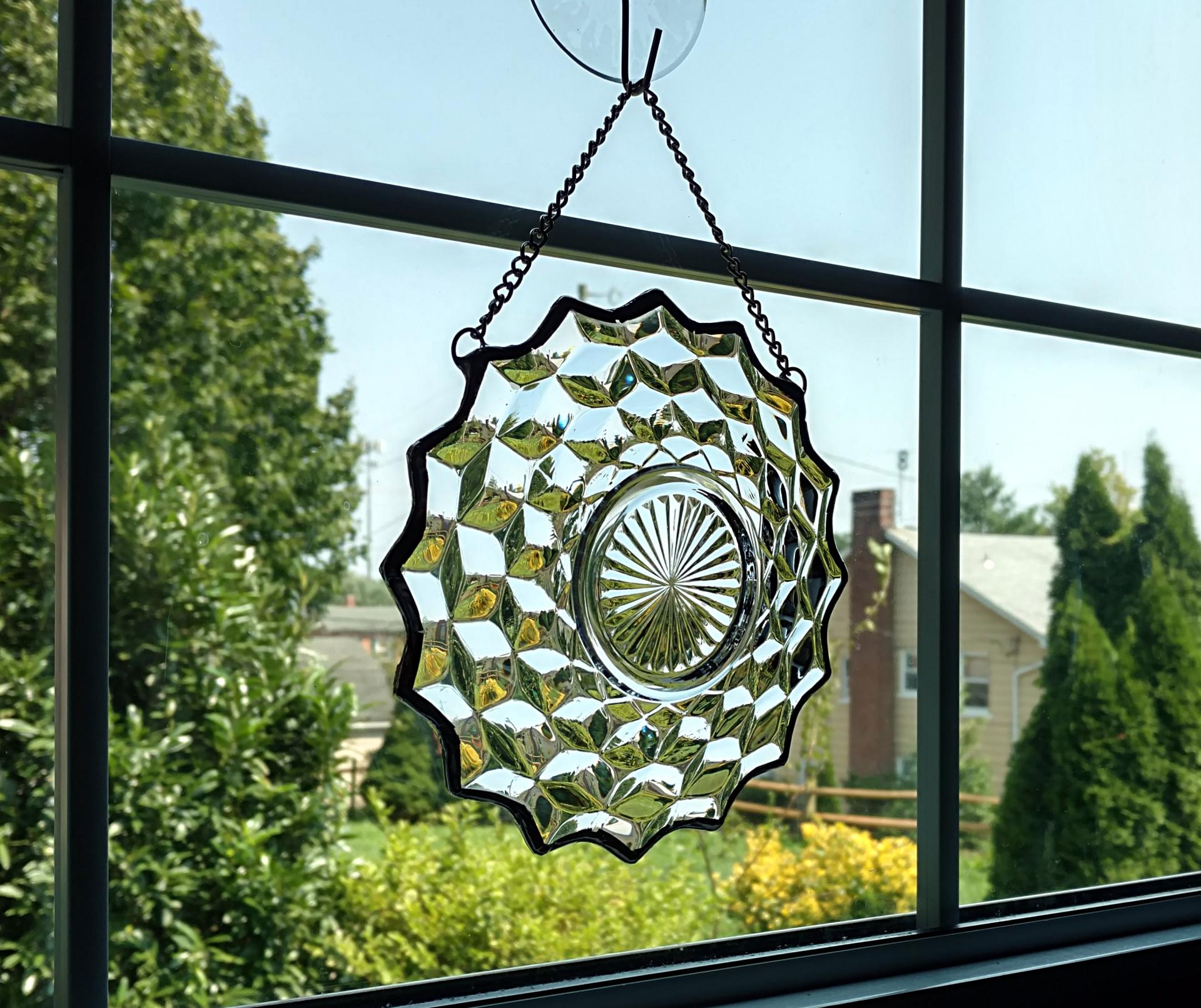 Vintage Glass Plate Window Hanging, Beveled Design