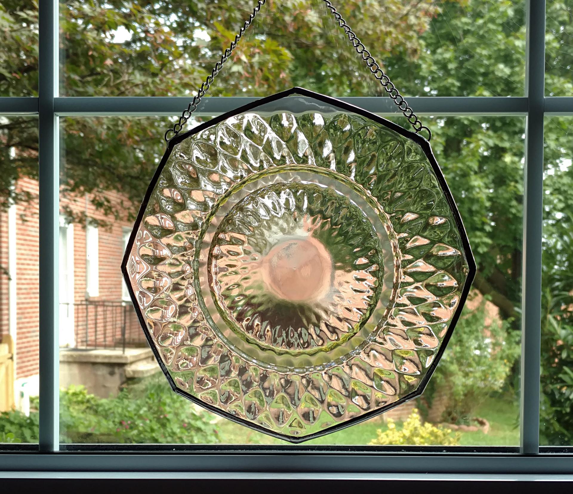Vintage Glass Plate Window Hanging, Pale Pink