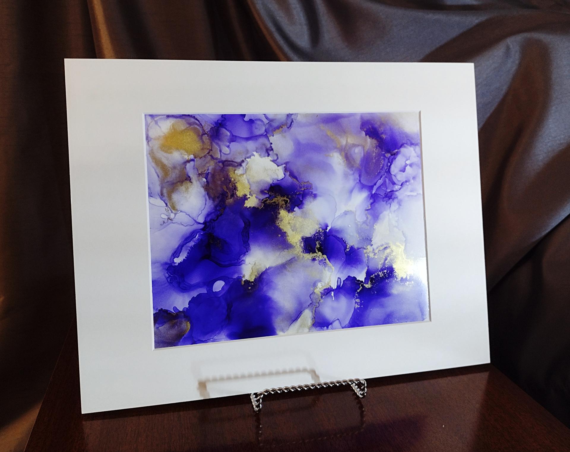 Alcohol Ink Painting, 8 x 10 Matted to 11 x 14, Purple and Gold Abstract