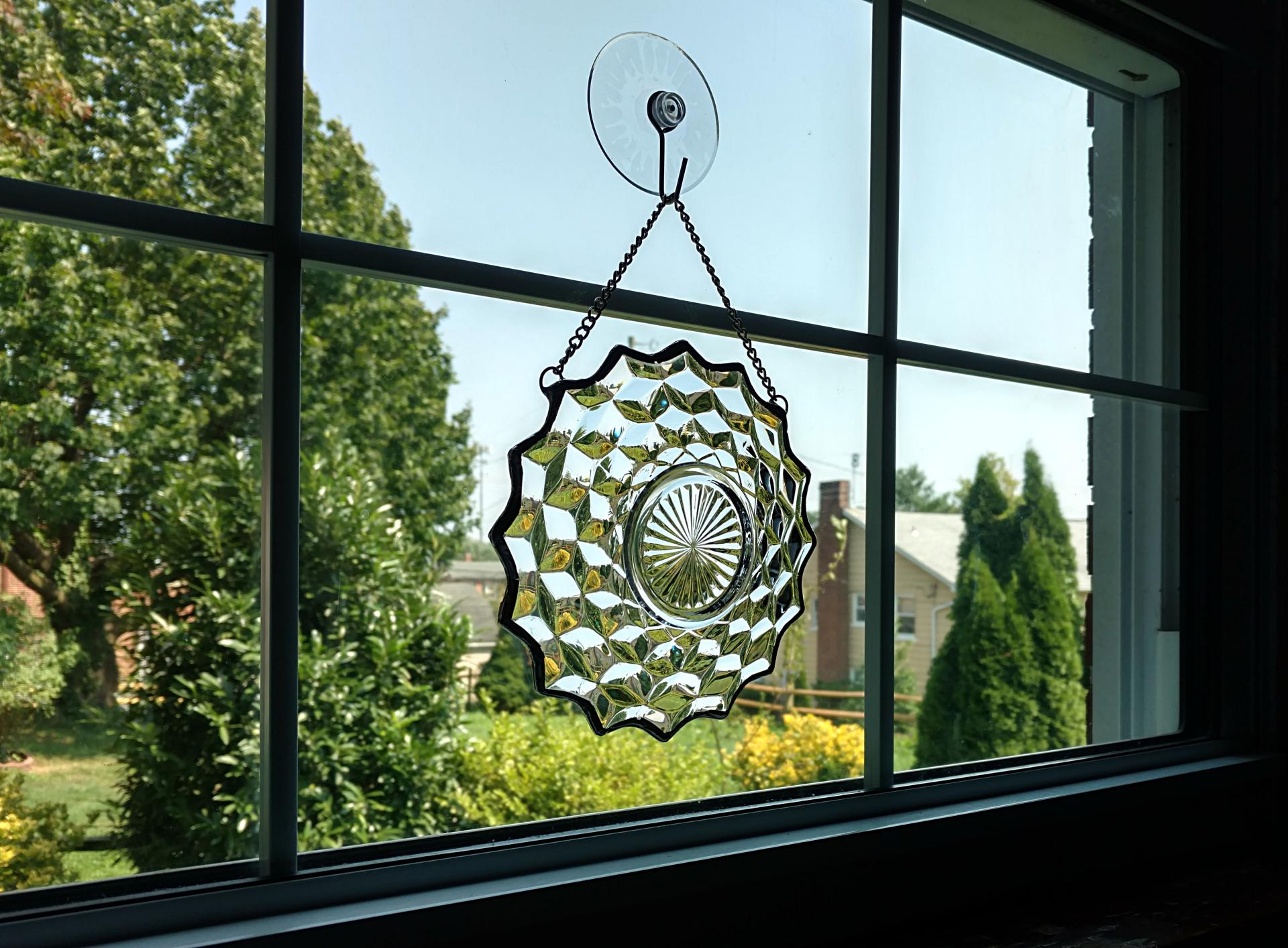 Vintage Glass Plate Window Hanging, Beveled Design