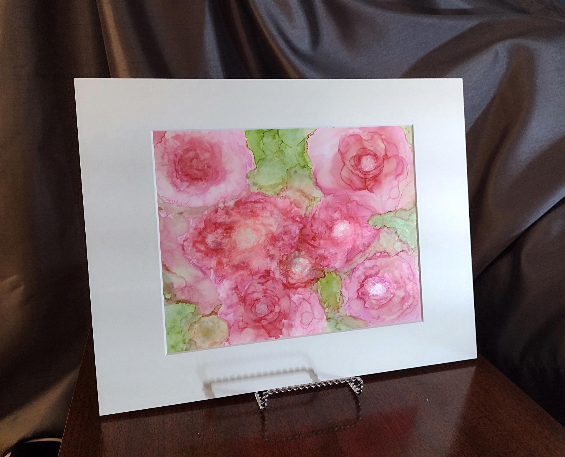 Alcohol Ink Painting, 8 x 10 Matted to 11 x 14, Pink Peonies Floral Abstract