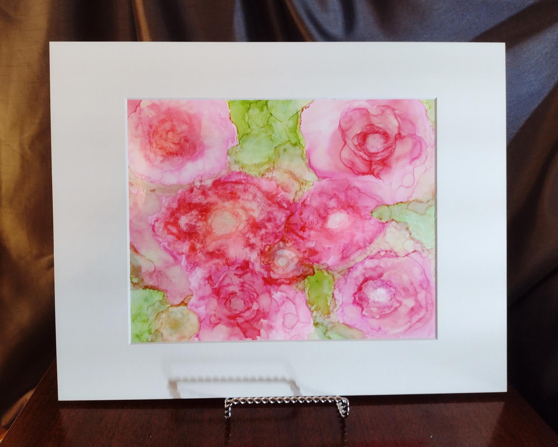 Alcohol Ink Painting, 8 x 10 Matted to 11 x 14, Pink Peonies Floral Abstract