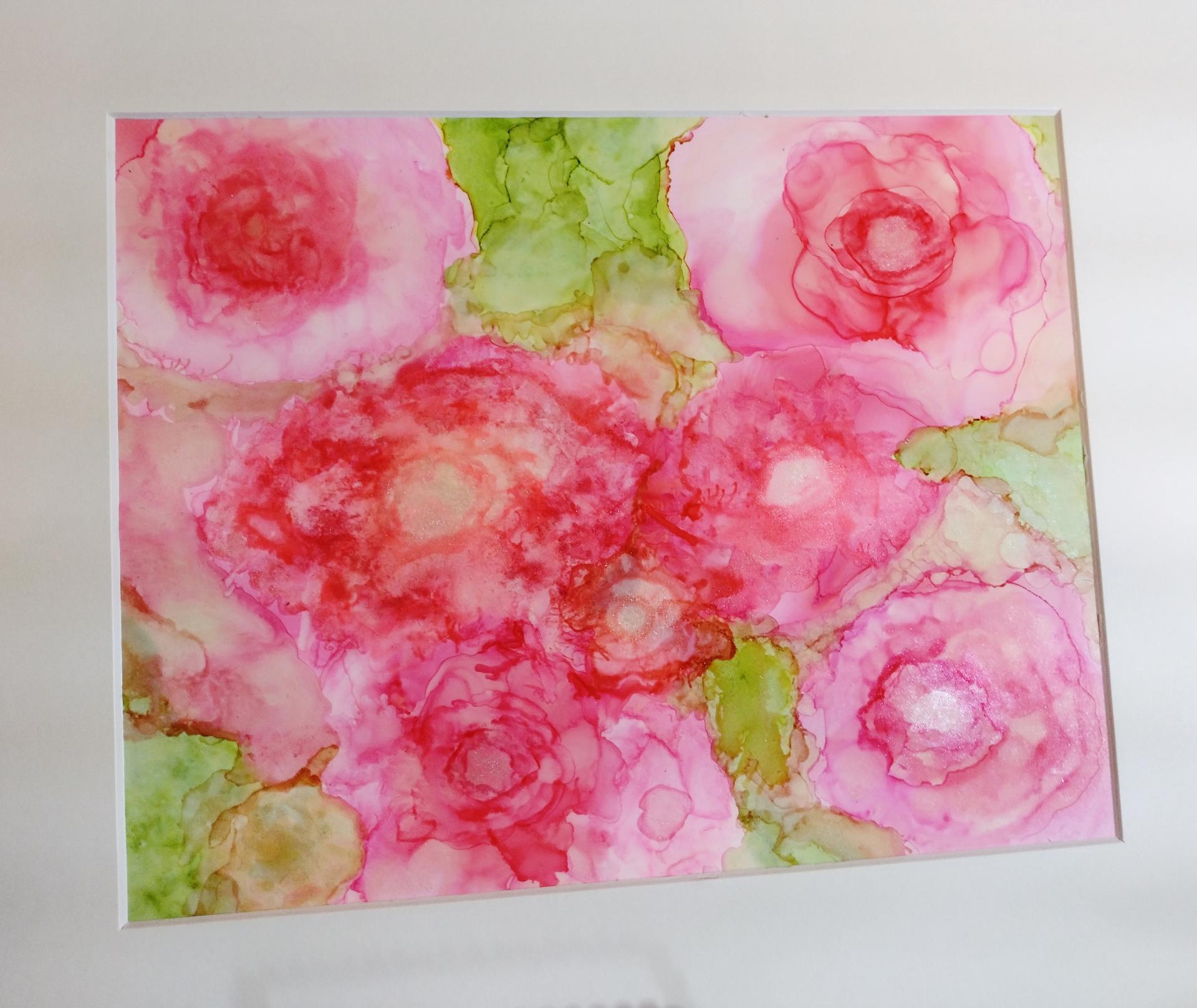 Alcohol Ink Painting, 8 x 10 Matted to 11 x 14, Pink Peonies Floral Abstract