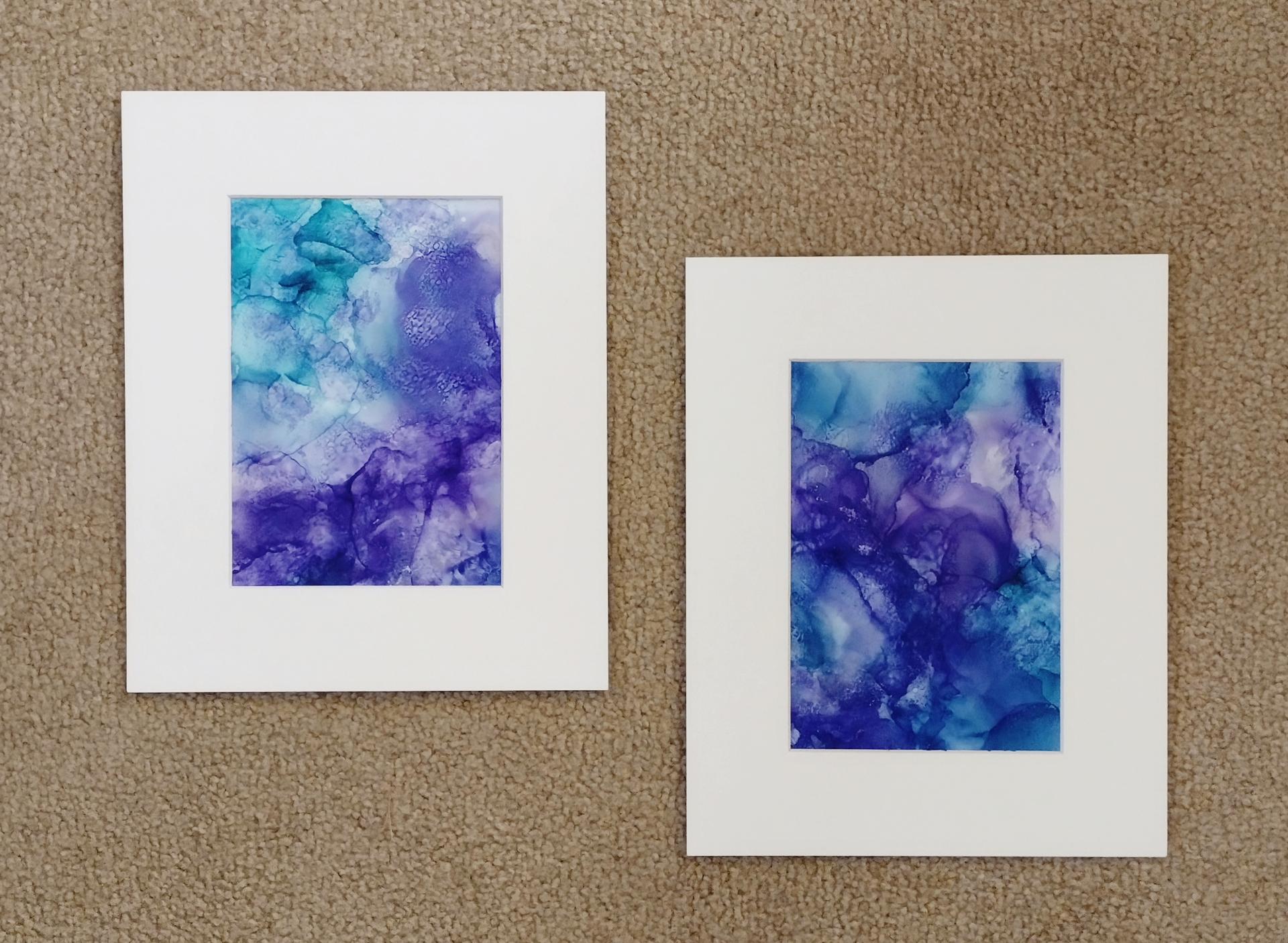 Alcohol Ink Painting Grouping, Set of 2, Purple and Blue Pearlized Fluid Art