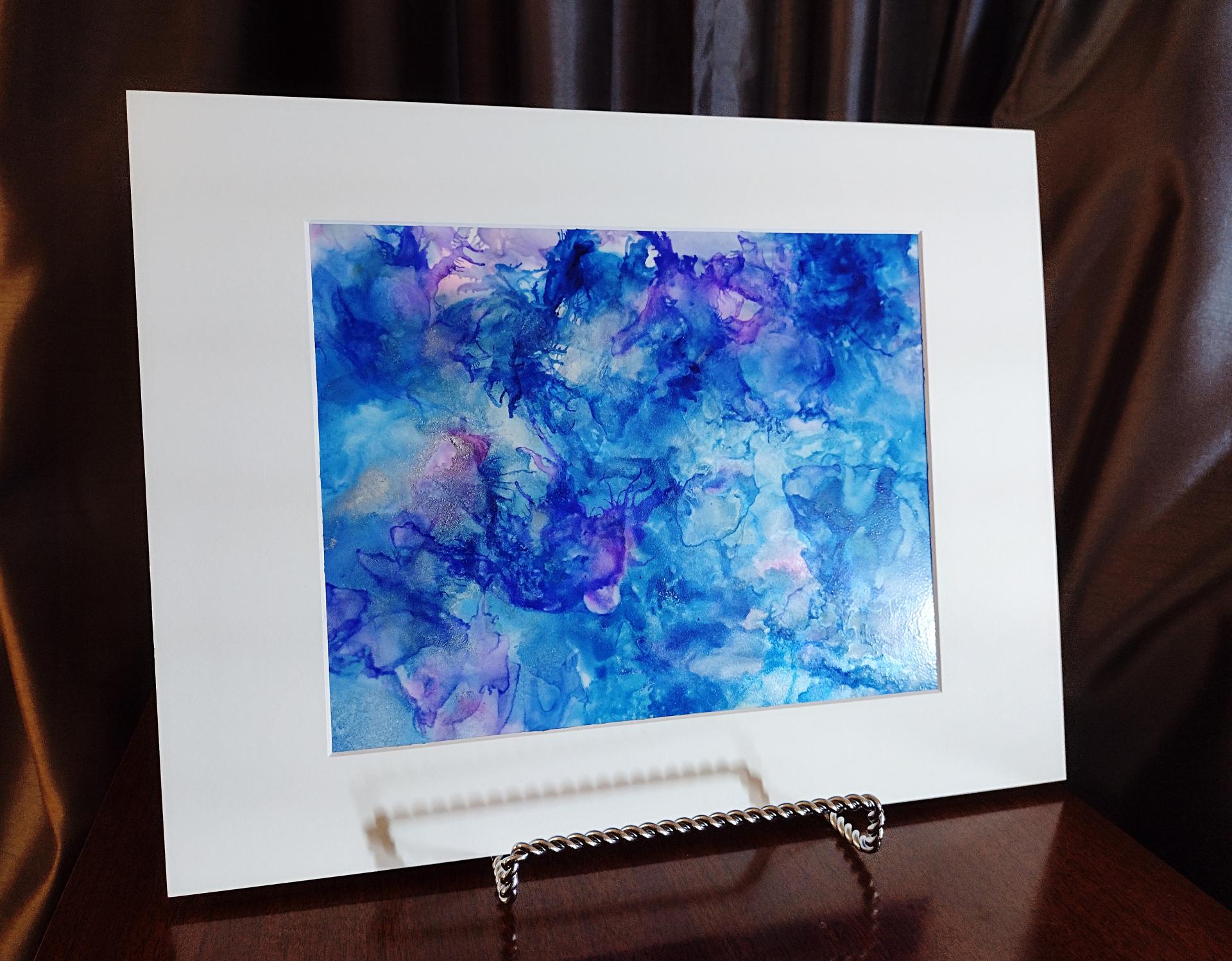 Alcohol Ink Painting, 8 x 10 Matted to 11 x 14, Blue Purple and Pink Fluid Art Abstract