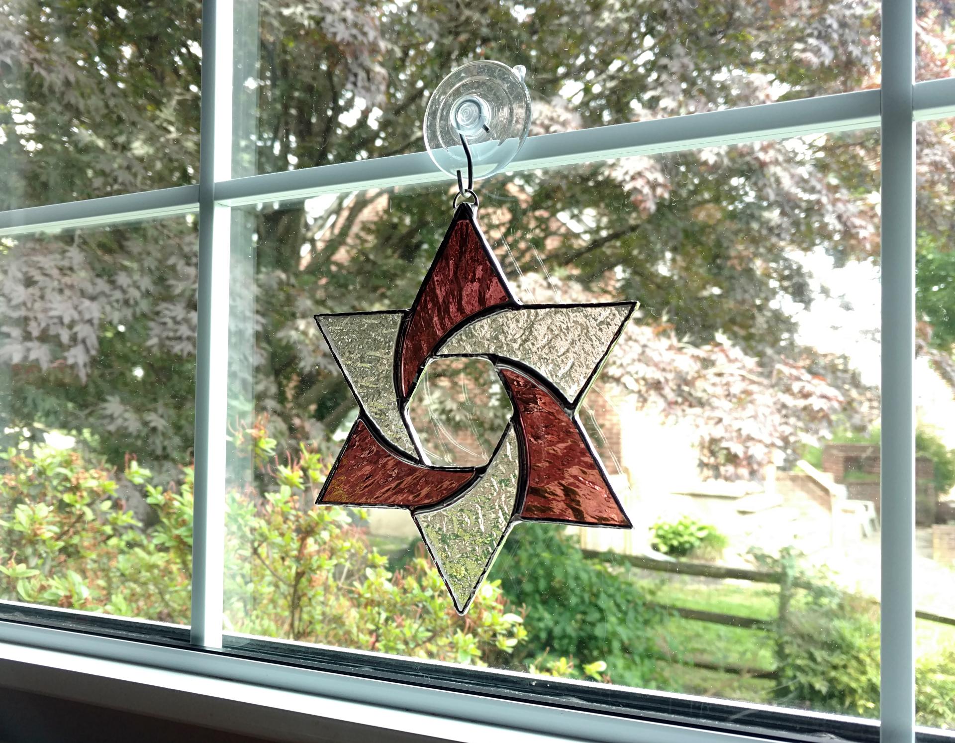 Stained Glass Star of David Suncatcher, Pink and Clear