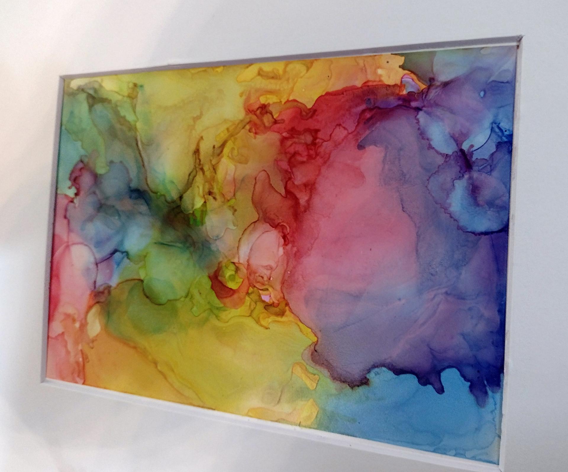 Alcohol Ink Painting, 5 x 7 Matted to 8 x 10, Rainbow Abstract Art
