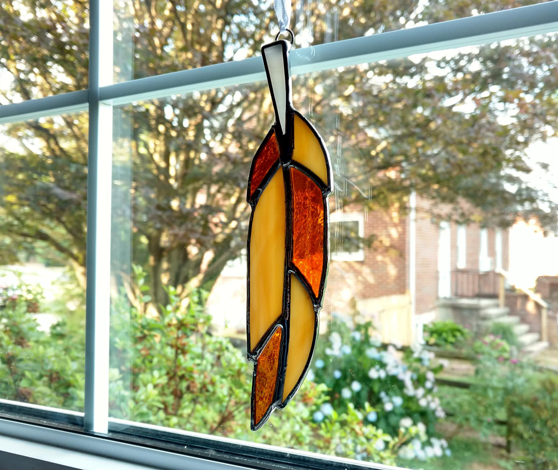 Stained Glass Feather Suncatcher, Amber and Tan