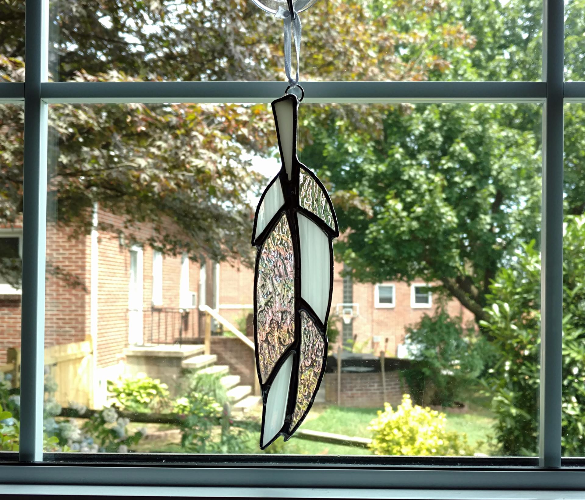 Stained Glass Feather Suncatcher, Iridescent Clear and White
