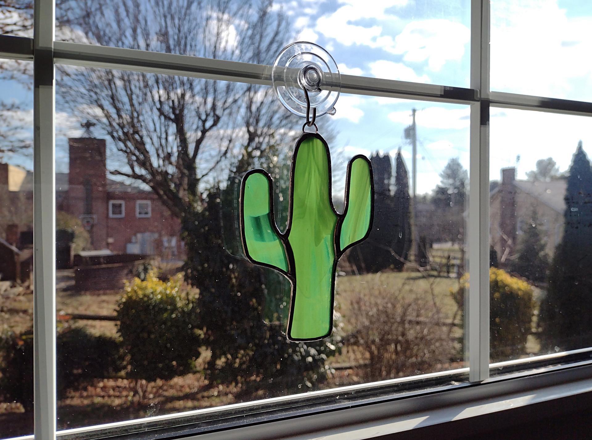 Stained Glass Cactus Suncatcher, Green White Wispy, Custom Colors Available
