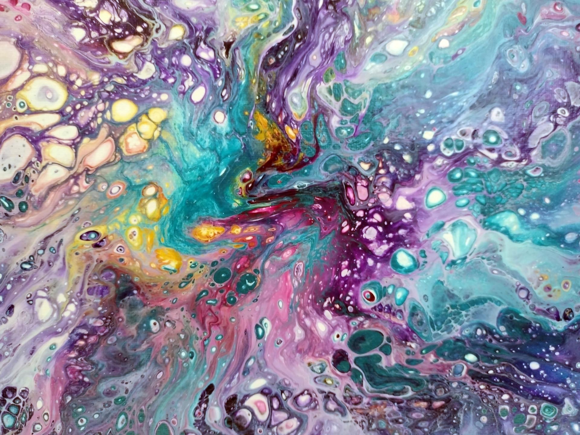 Rainbow Galaxy Abstract Original Acrylic Pour Painting, 12" x 12", Fluid Art Painting