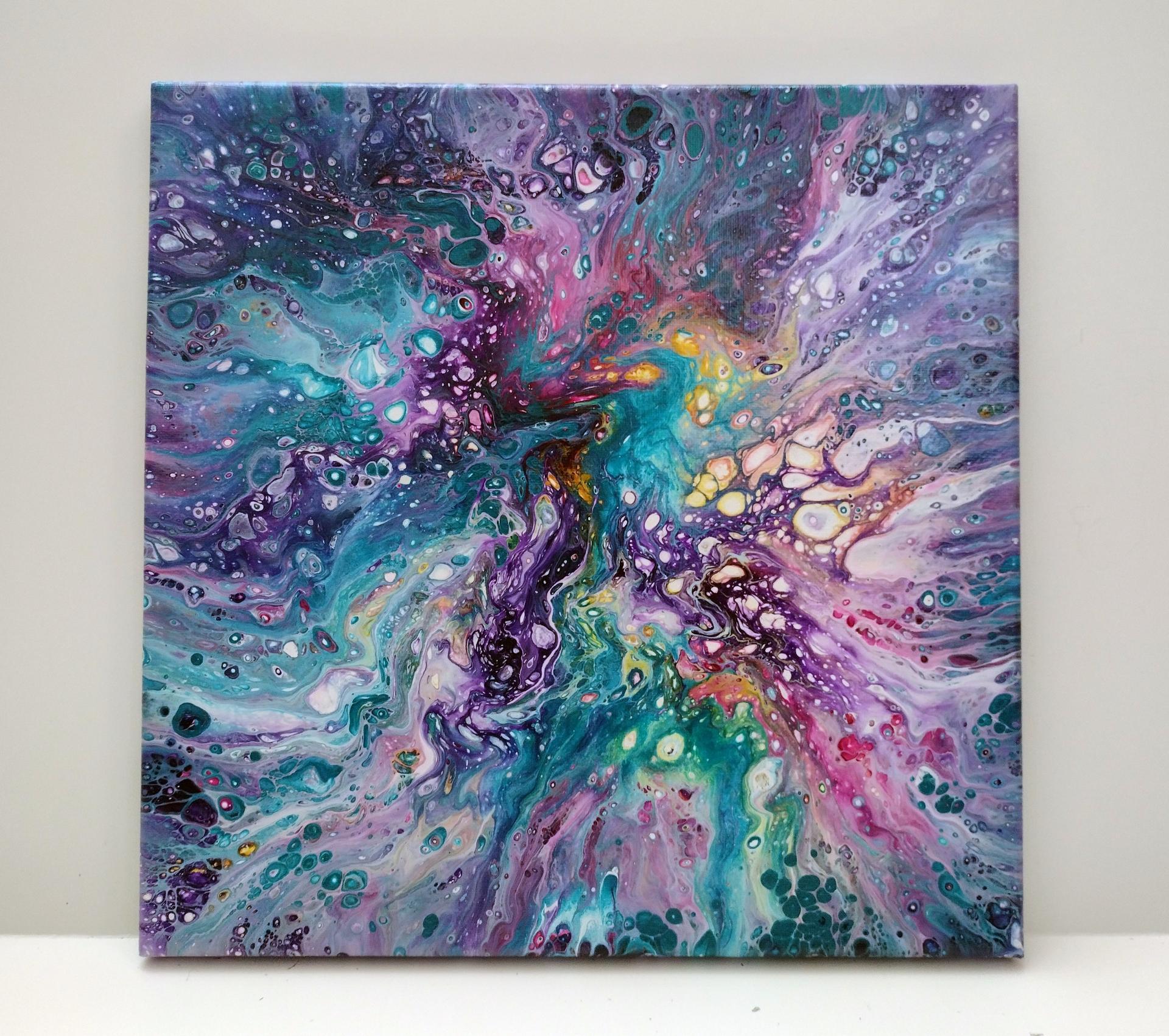 Rainbow Galaxy Abstract Original Acrylic Pour Painting, 12" x 12", Fluid Art Painting