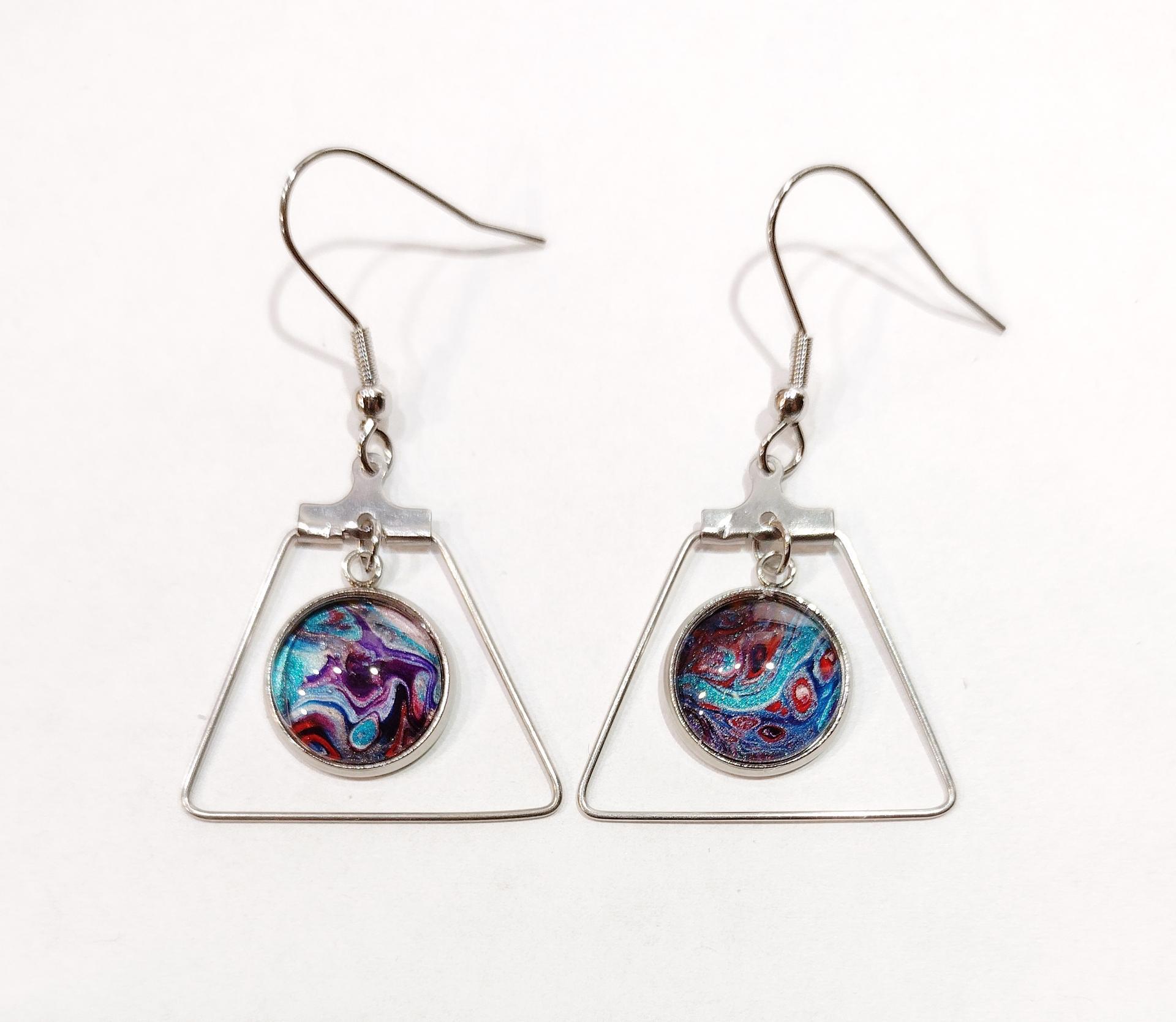 Painted Earrings, Purple and Blue Swirl Trapezoid