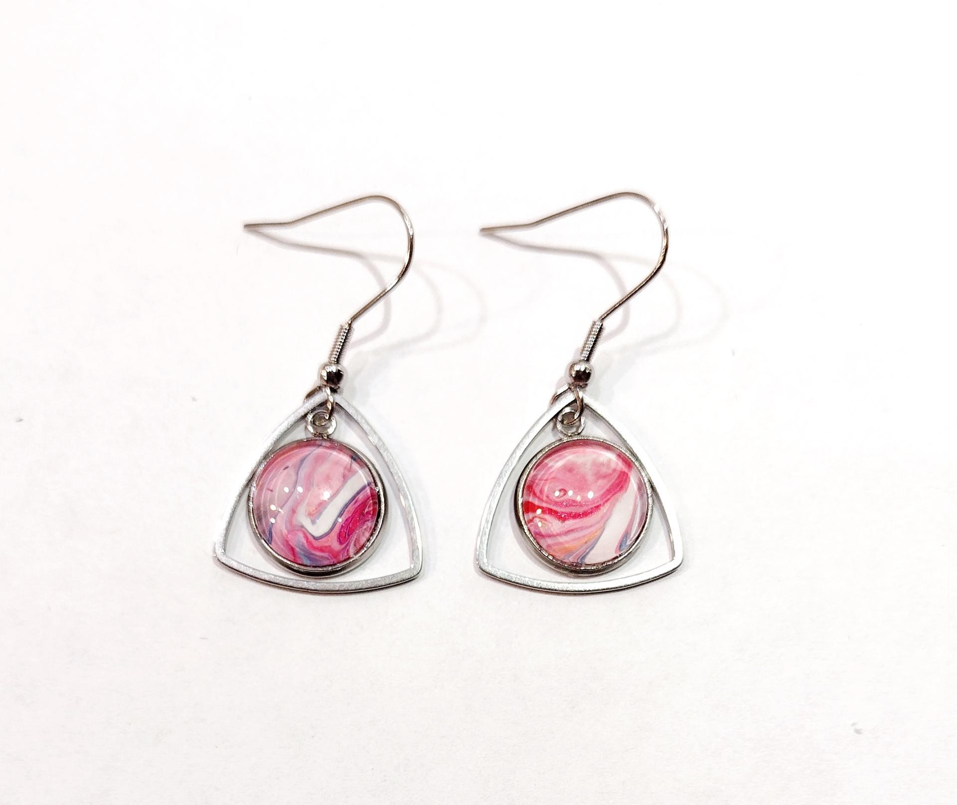 Painted Earrings, Pink and White Swirl Triangles