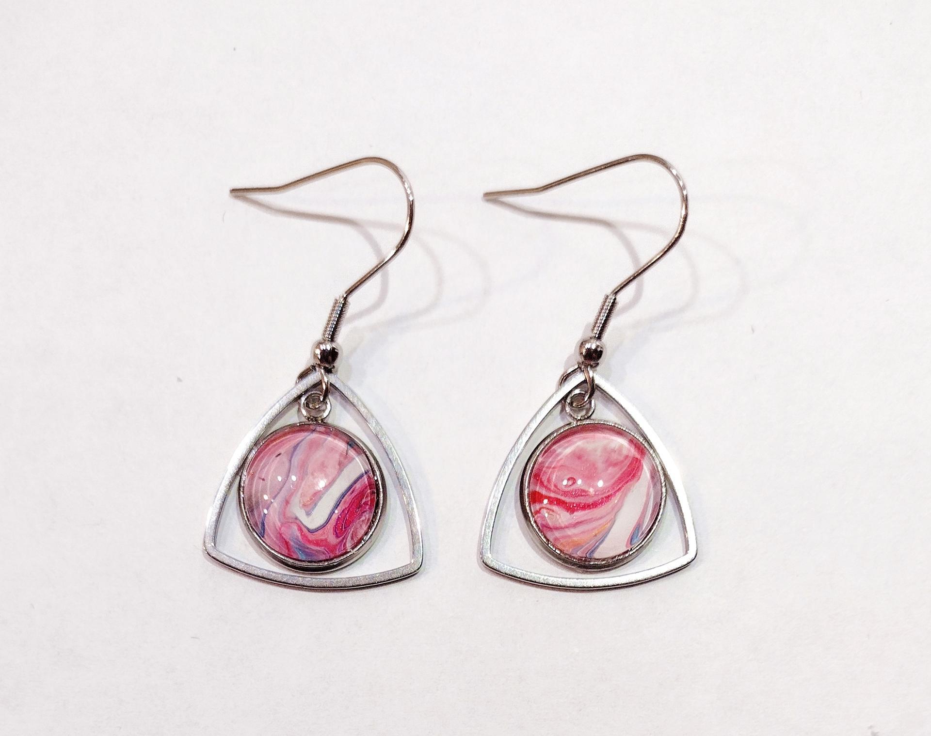 Painted Earrings, Pink and White Swirl Triangles