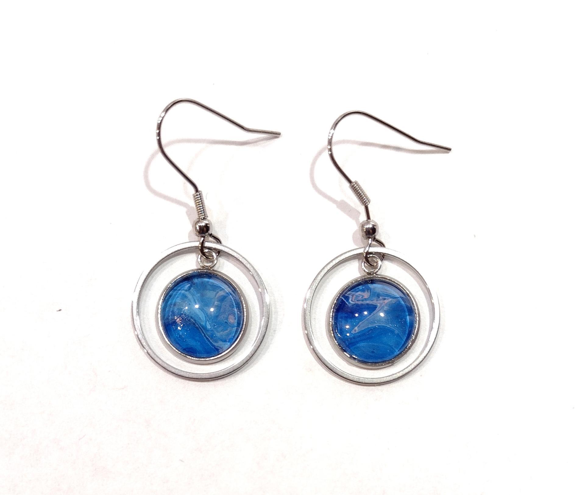 Painted Earrings, Blue Swirl Circles