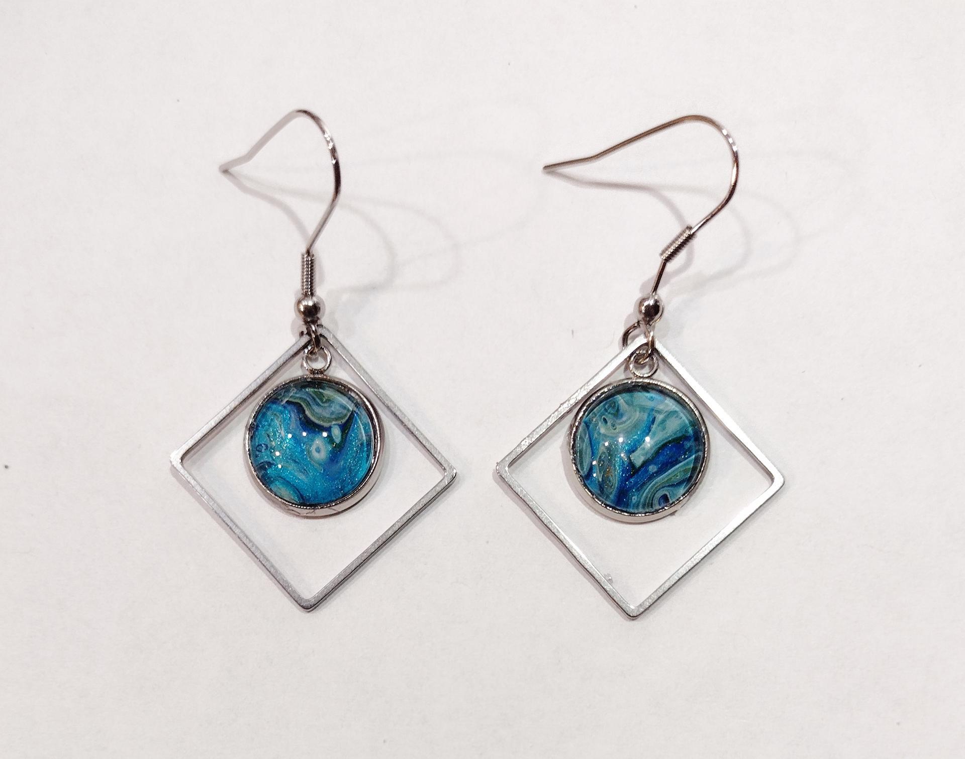 Painted Earrings, Blue and Green Swirl Squares