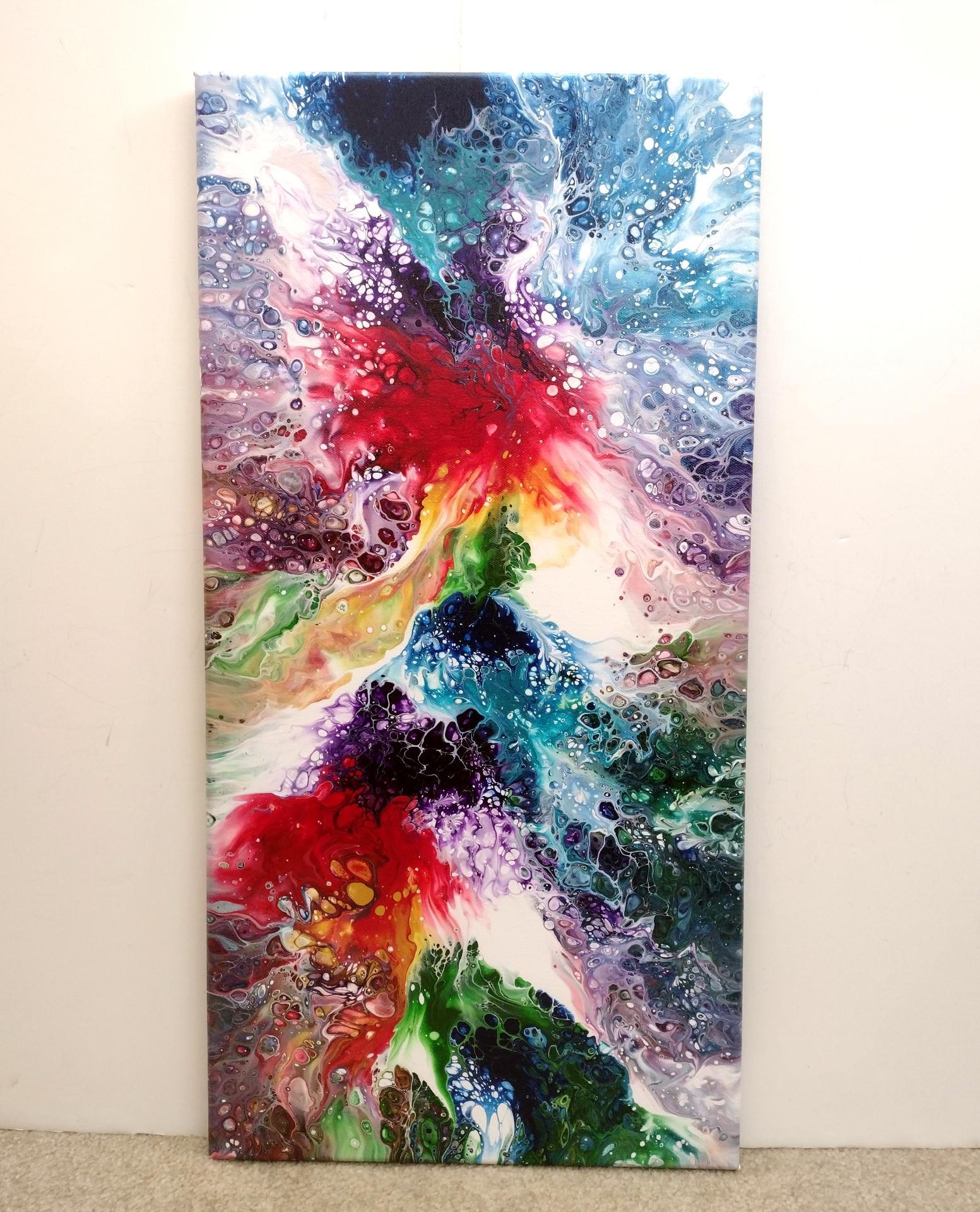 Rainbow Abstract Original Acrylic Pour Painting, 12" x 24",  Fluid Art Painting,  **LOCAL PICKUP ONLY--DOES NOT SHIP**