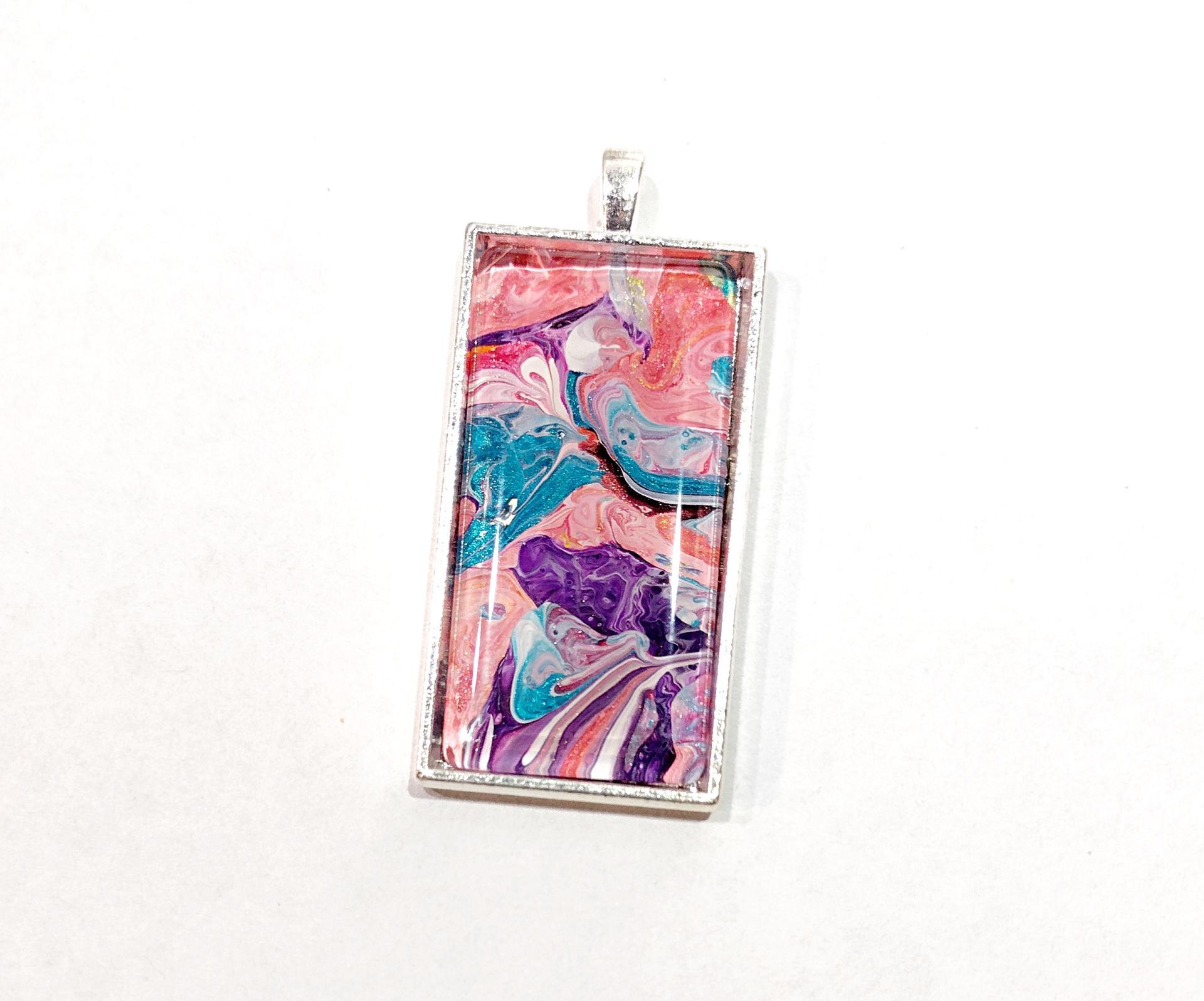 Painted Pendant, Pink, Turquoise, and Purple Floral Abstract