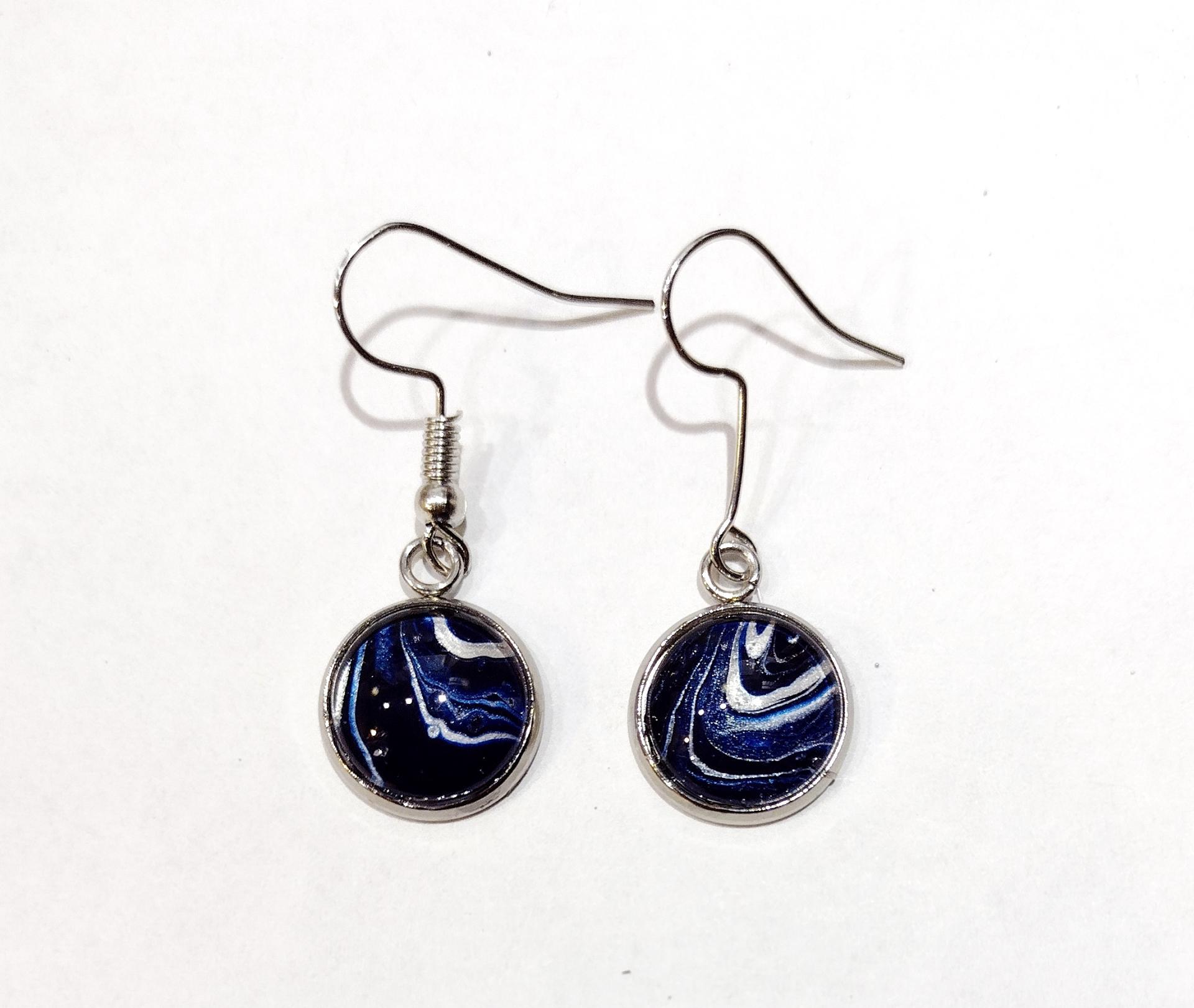 Painted Earrings, Navy Blue and Silver