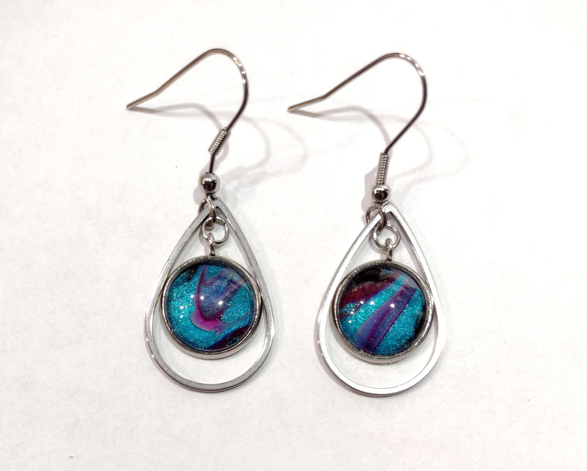 Painted Earrings, Blue and Purple Swirl Teardrops