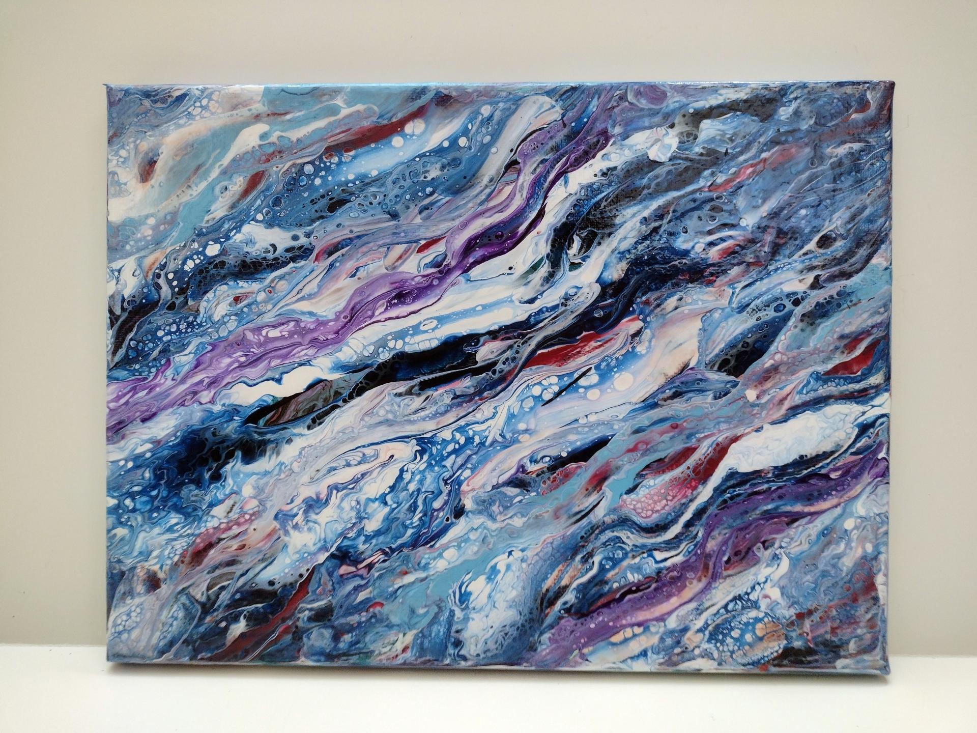 Blue and Purple Waves Abstract Original Acrylic Pour Painting, 9 x 12,  Fluid Art Painting