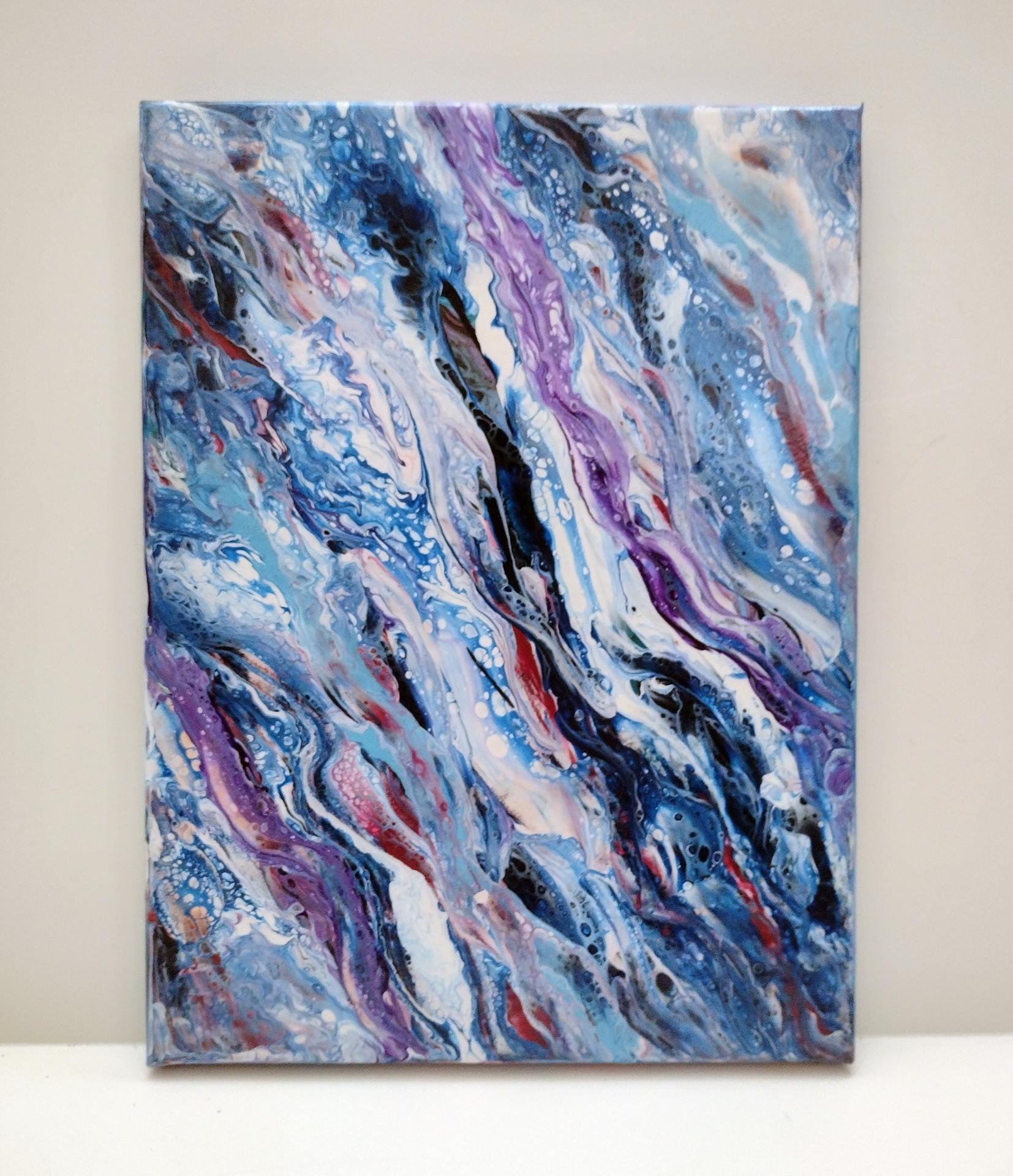 Blue and Purple Waves Abstract Original Acrylic Pour Painting, 9 x 12,  Fluid Art Painting