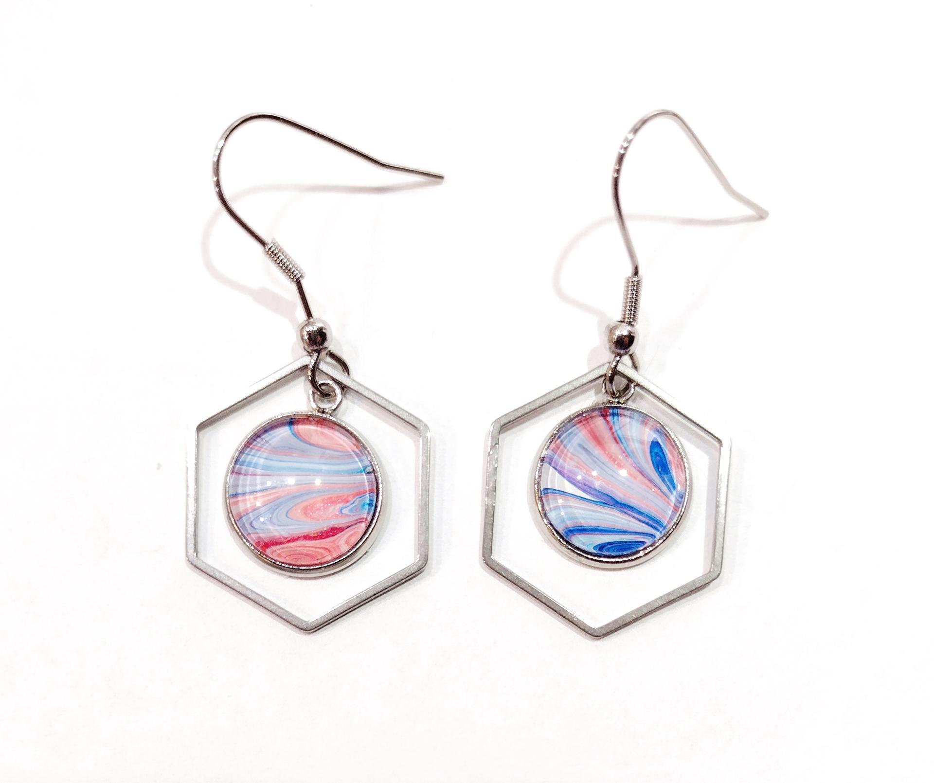 Painted Earrings, Pink and Blue Swirl Hexagon