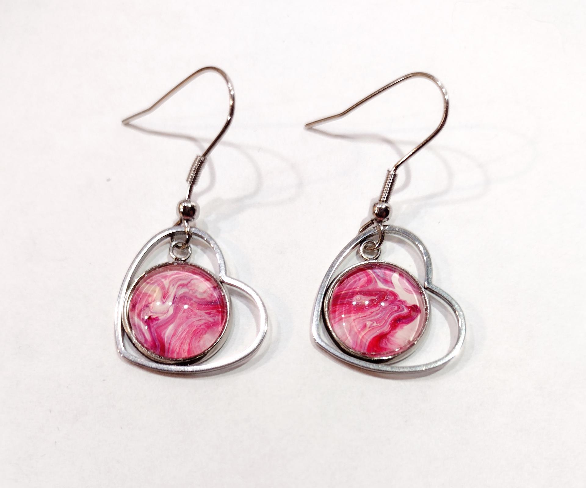 Painted Earrings, Pink Swirl Hearts