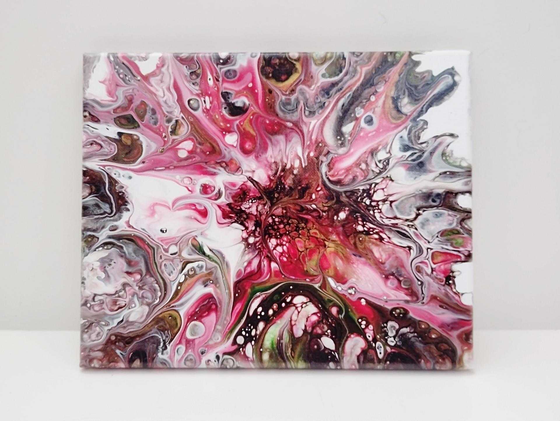 Red, Pink, Black, Gold and White Bloom Abstract Original Acrylic Pour Painting, 8" x 10", Fluid Art Painting