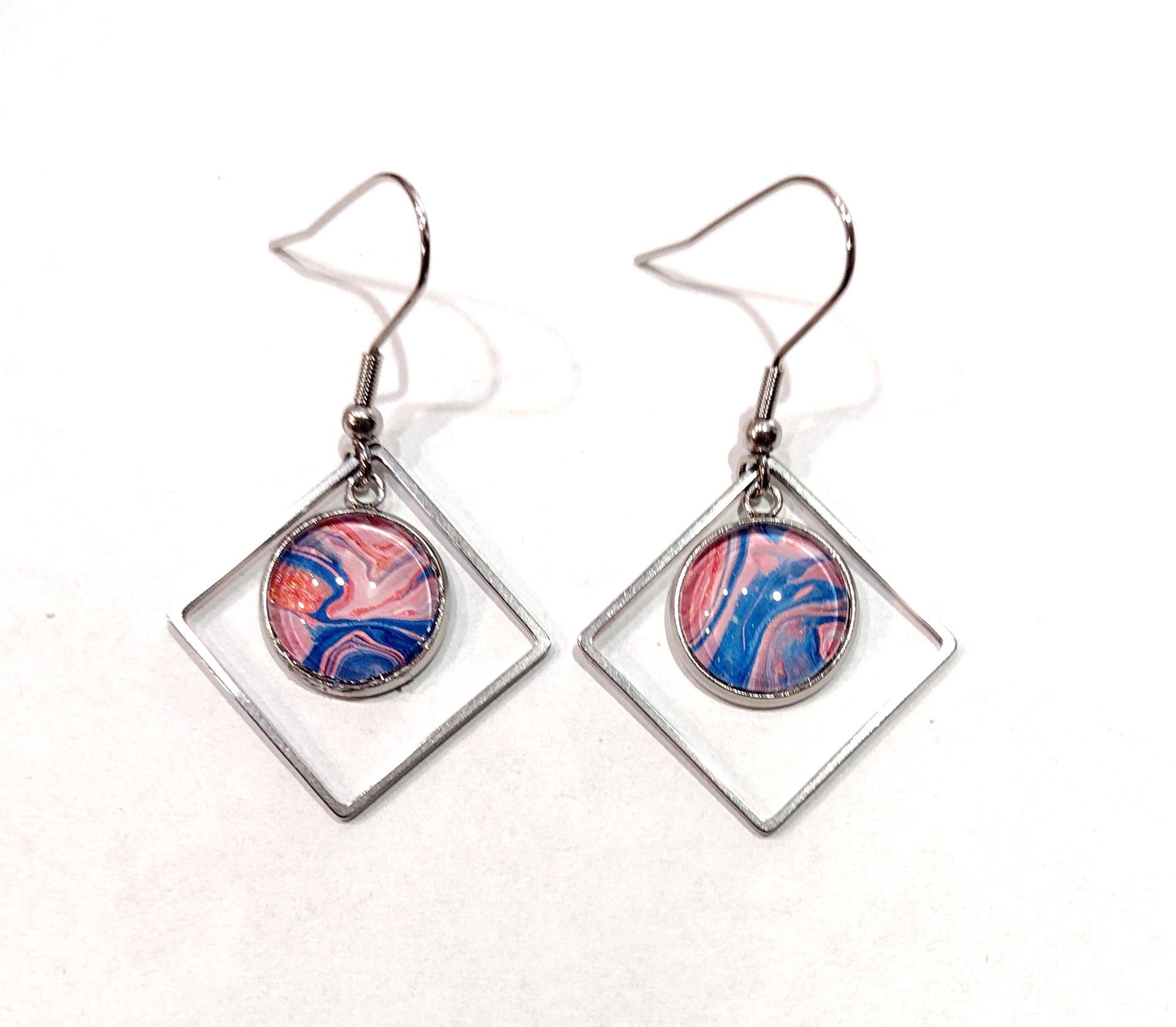 Painted Earrings, Pink and Blue Swirl Squares