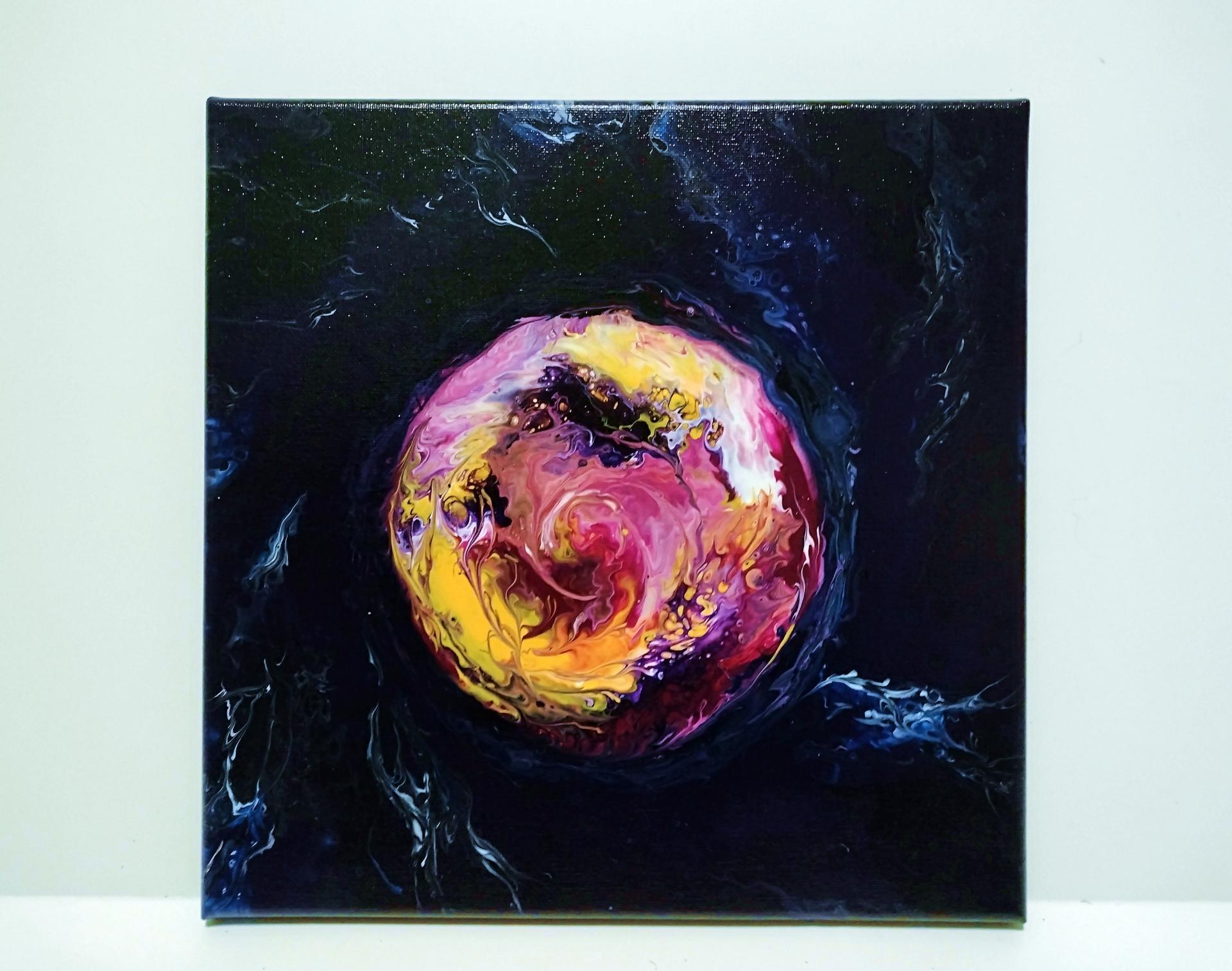 Planet and Galaxy Abstract Acrylic Painting, 12" x 12"
