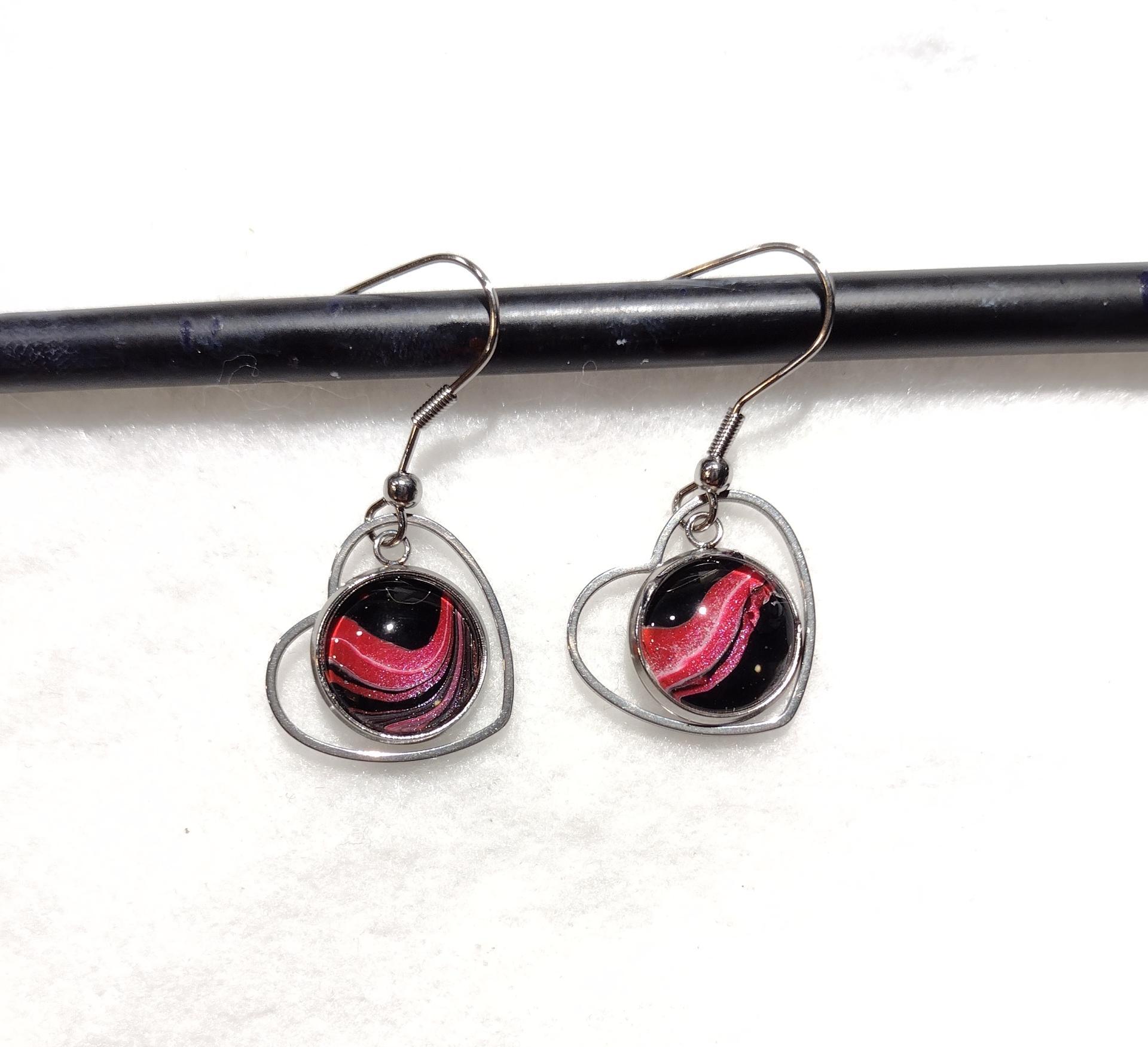 Painted Earrings, Pink and Black Hearts