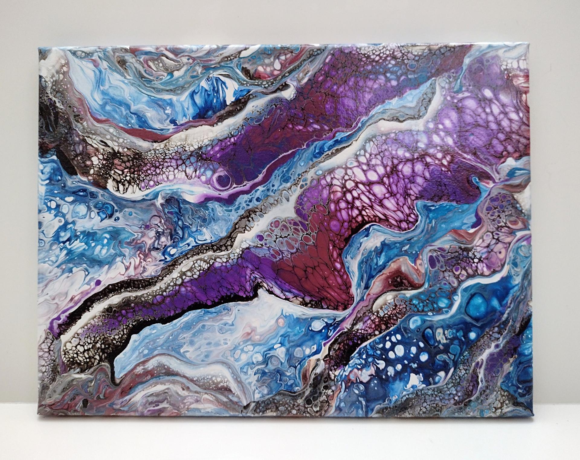Purple and Blue Abstract Original Acrylic Pour Painting, 9" x 12", Fluid Art Painting