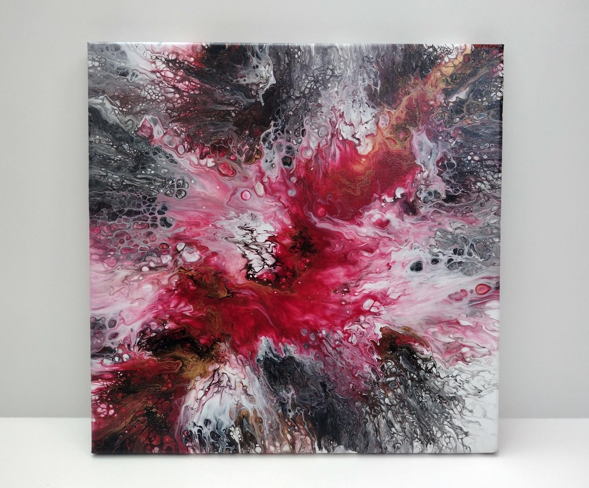 Red, Pink, Black, Gold and White Bloom Abstract Original Acrylic Pour Painting, 14" x 14", Fluid Art Painting,  **LOCAL PICKUP ONLY--DOES NOT SHIP**