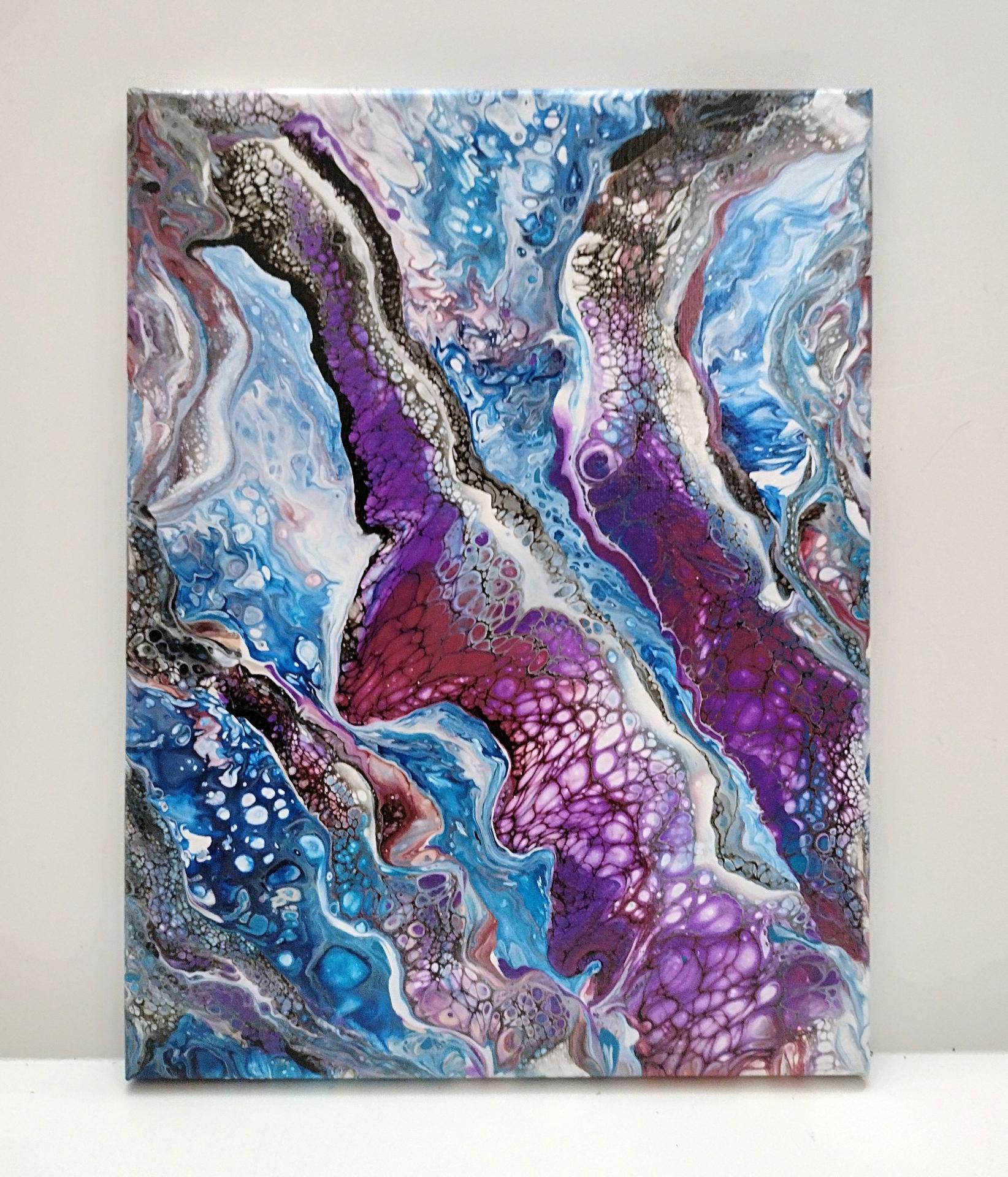 Purple and Blue Abstract Original Acrylic Pour Painting, 9" x 12", Fluid Art Painting