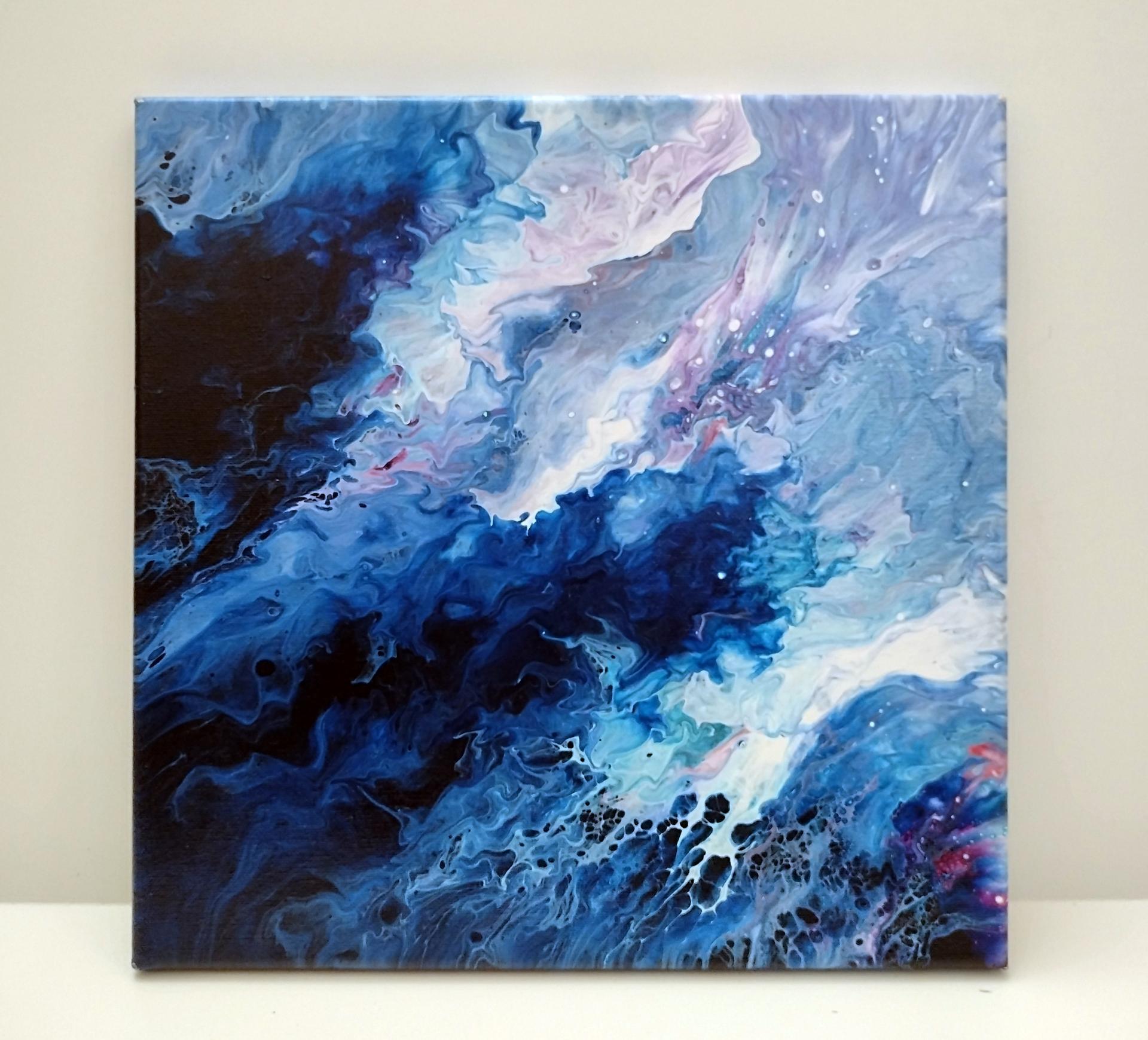 Blue and White Waves Abstract Original Acrylic Pour Painting, 12" x 12", Fluid Art Painting