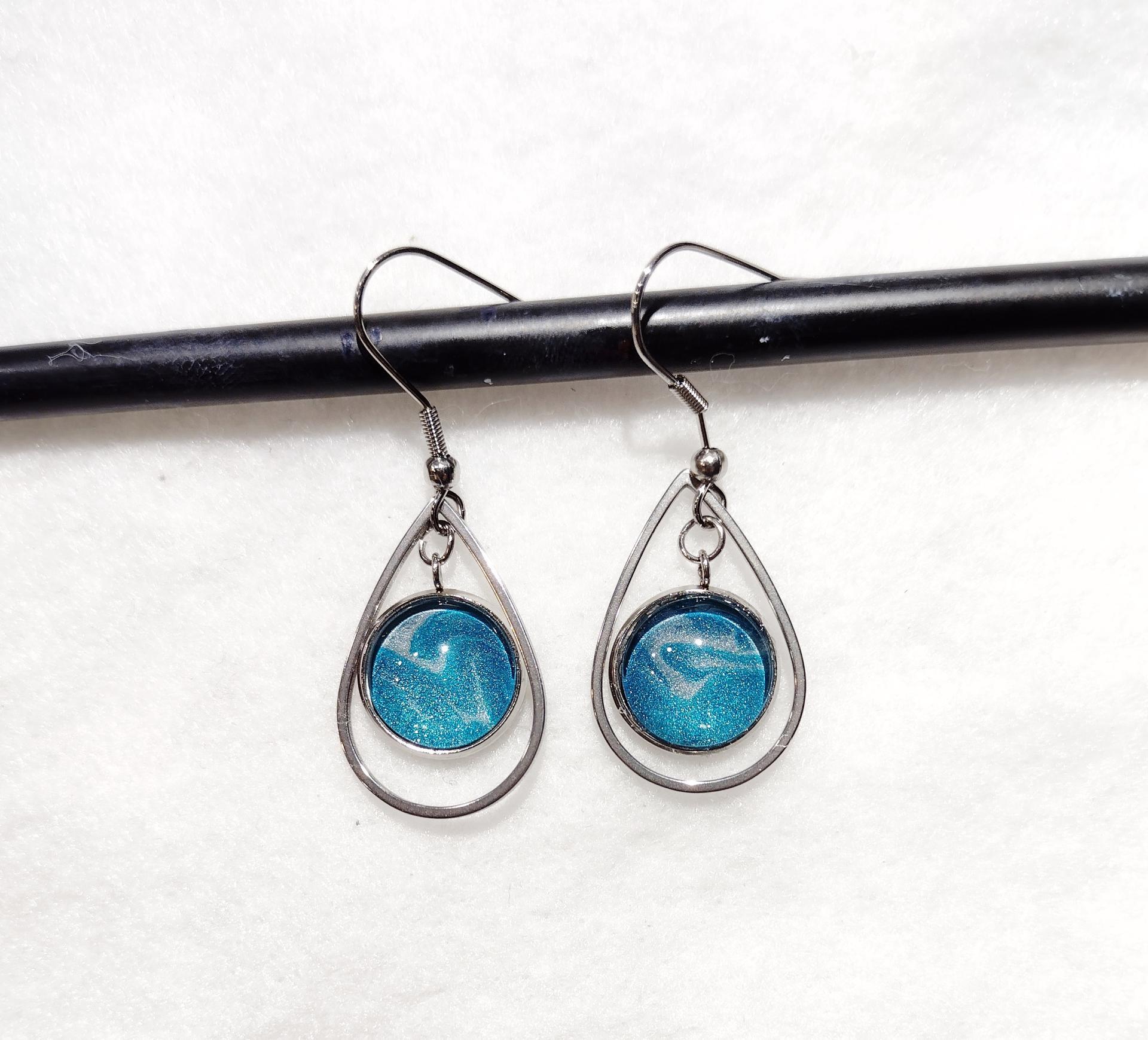 Painted Earrings, Blue and Silver Teardrops