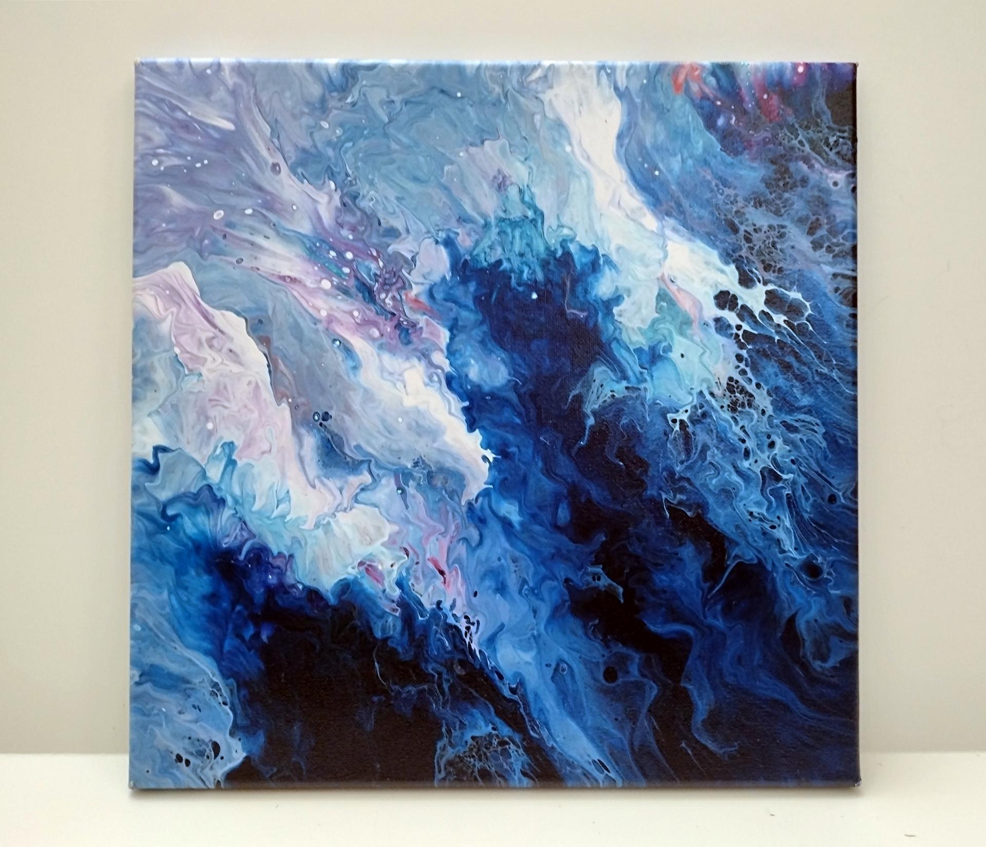 Blue and White Waves Abstract Original Acrylic Pour Painting, 12" x 12", Fluid Art Painting