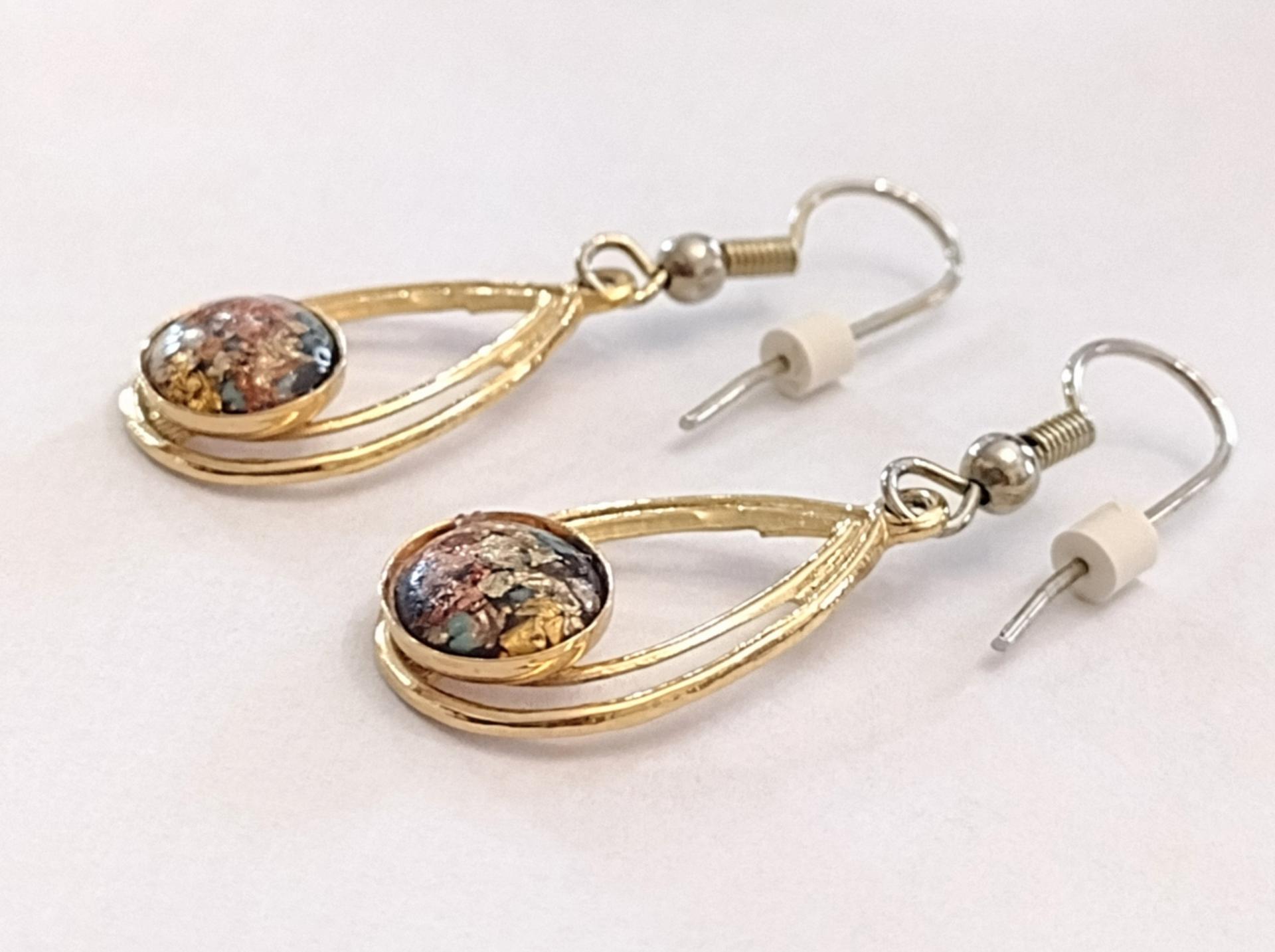Vintage Gold Foiled Glass Teardrop Dangle Earrings