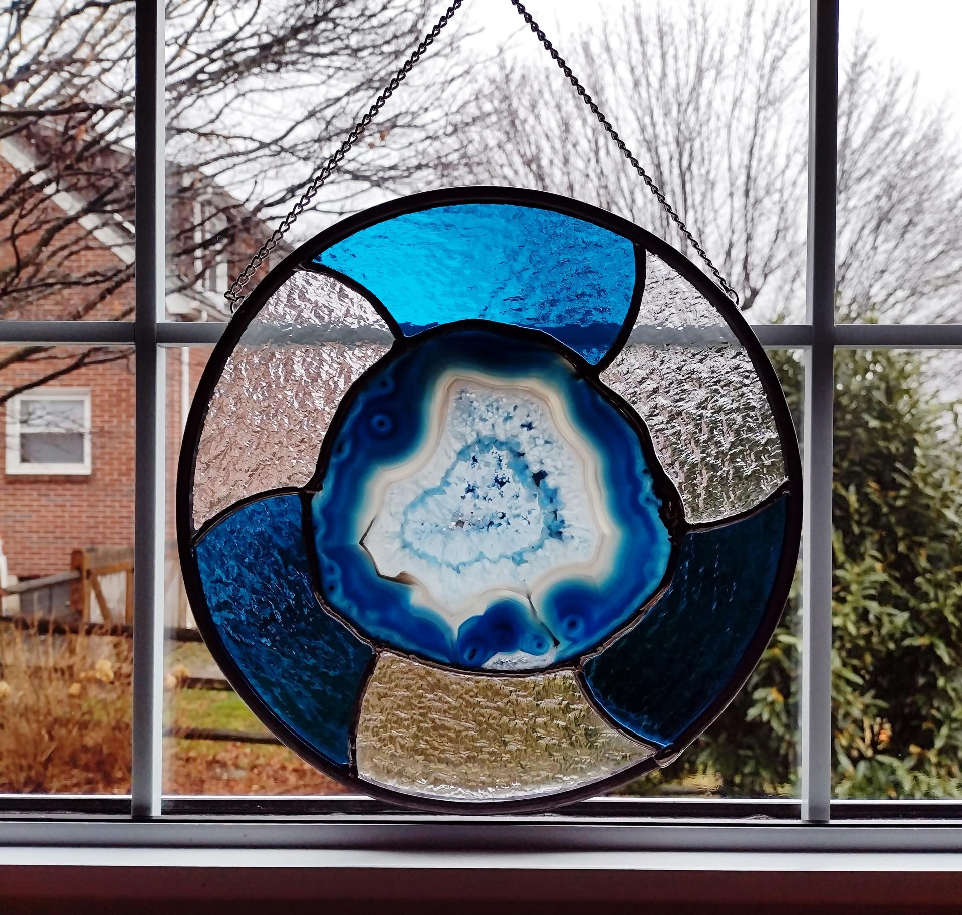 Round Stained Glass Panel with Blue Agate Geode