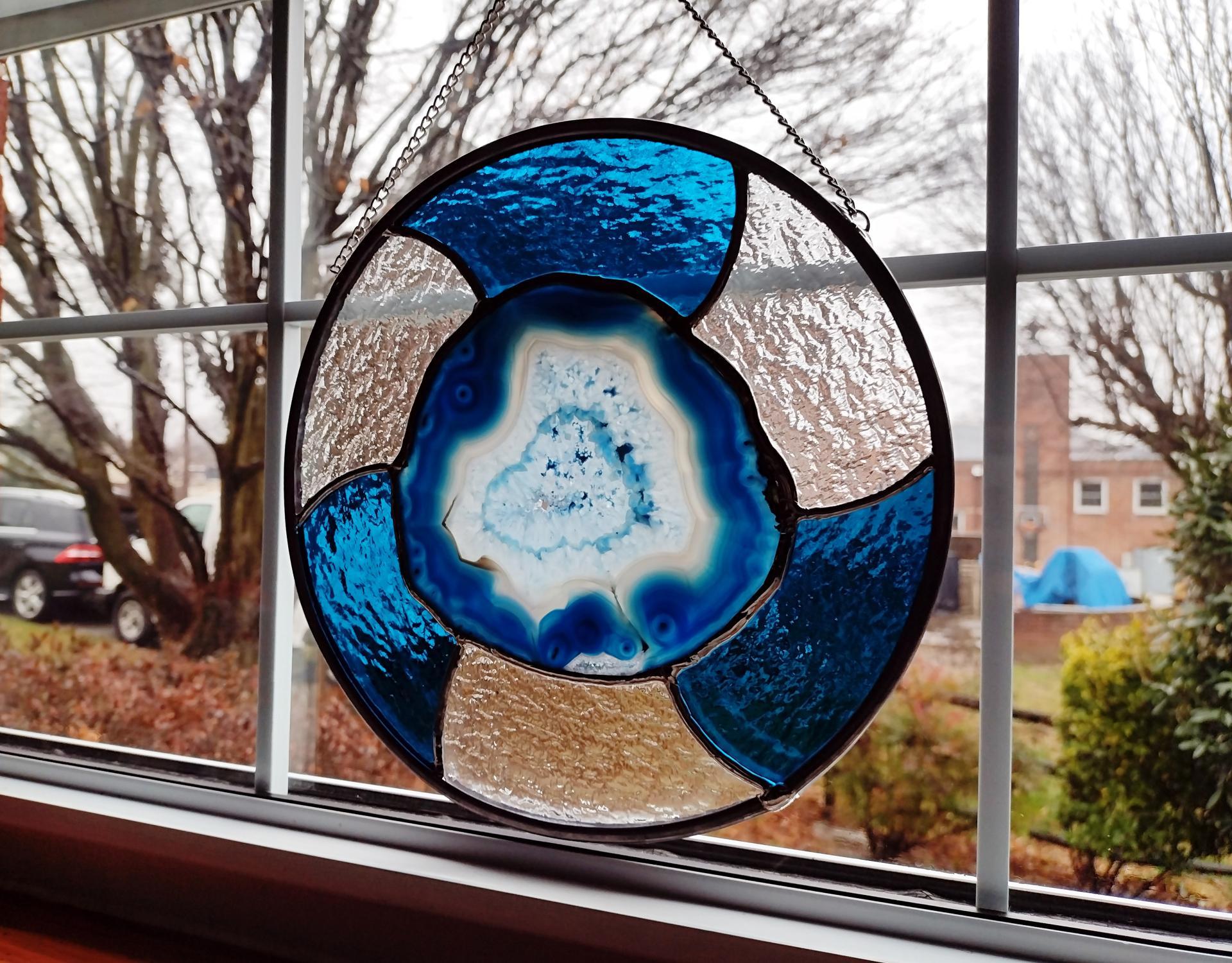 Round Stained Glass Panel with Blue Agate Geode
